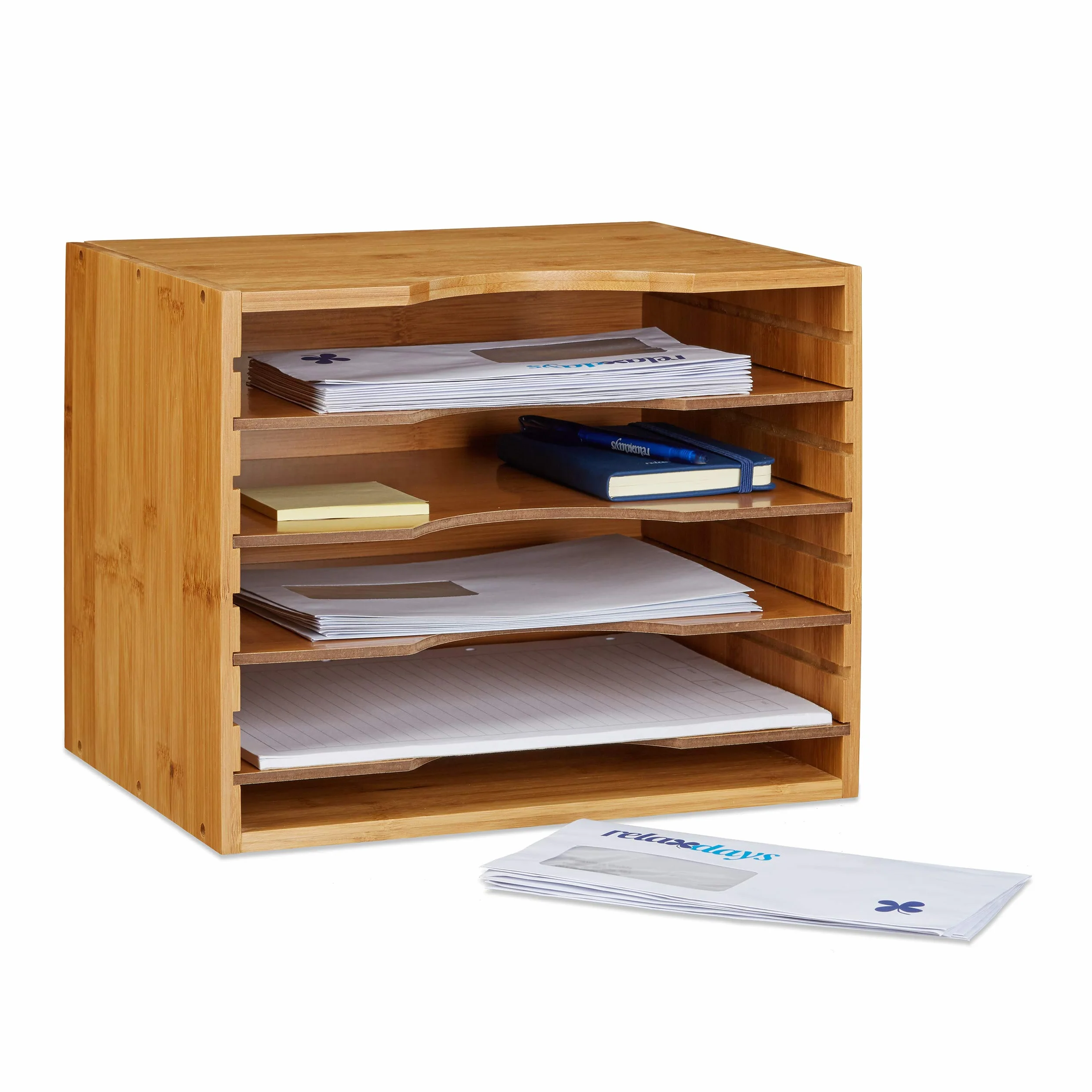 Relaxdays Organizer da Scrivania in Bambù, con 4 Scomparti, Portadocumenti, 26 x 33 x 24,5 cm, Naturale
