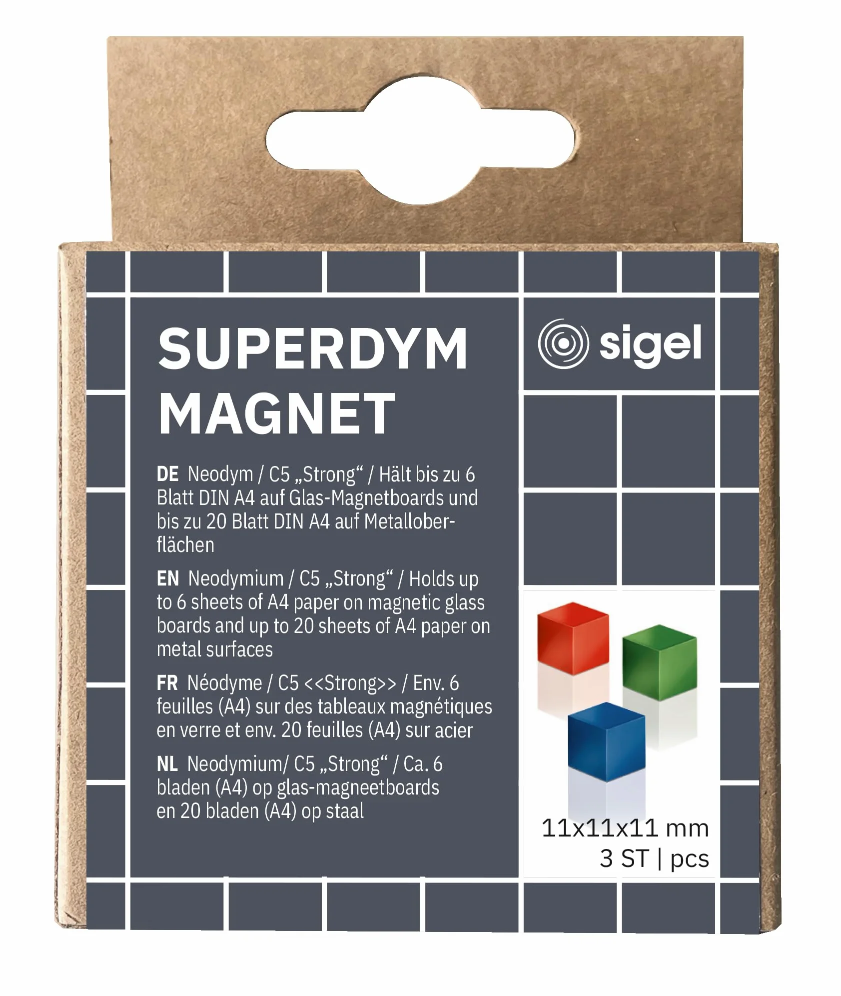 SIGEL Magneti SuperDym 1,10 x 1,10 cm | BA725, confezione da 3, cubici, neodimio N42, blu/rosso/verde
