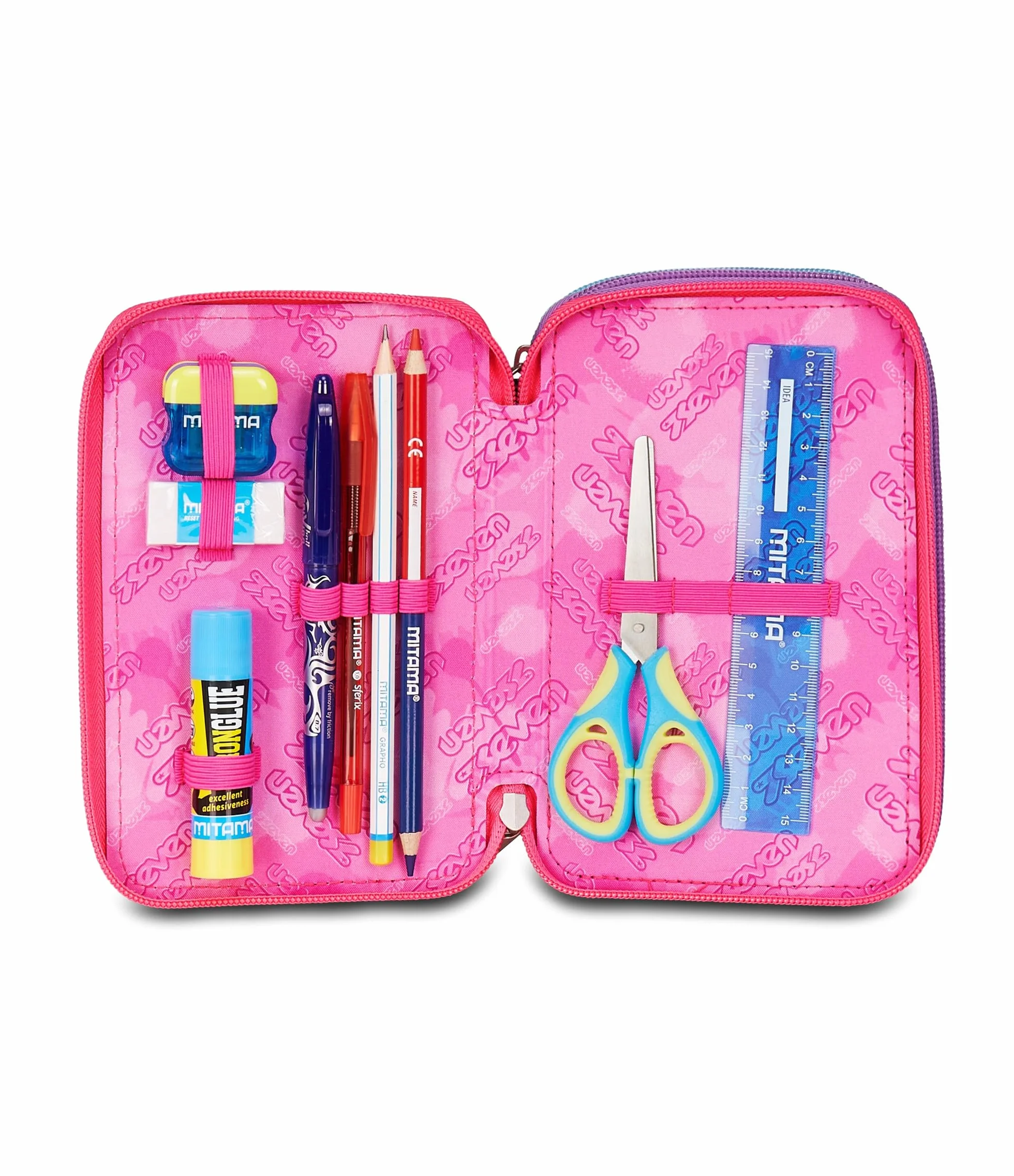 Seven Astuccio Scuola 3 scomparti con Matite Pennarelli Penne 3 Zip rosa/azzurro