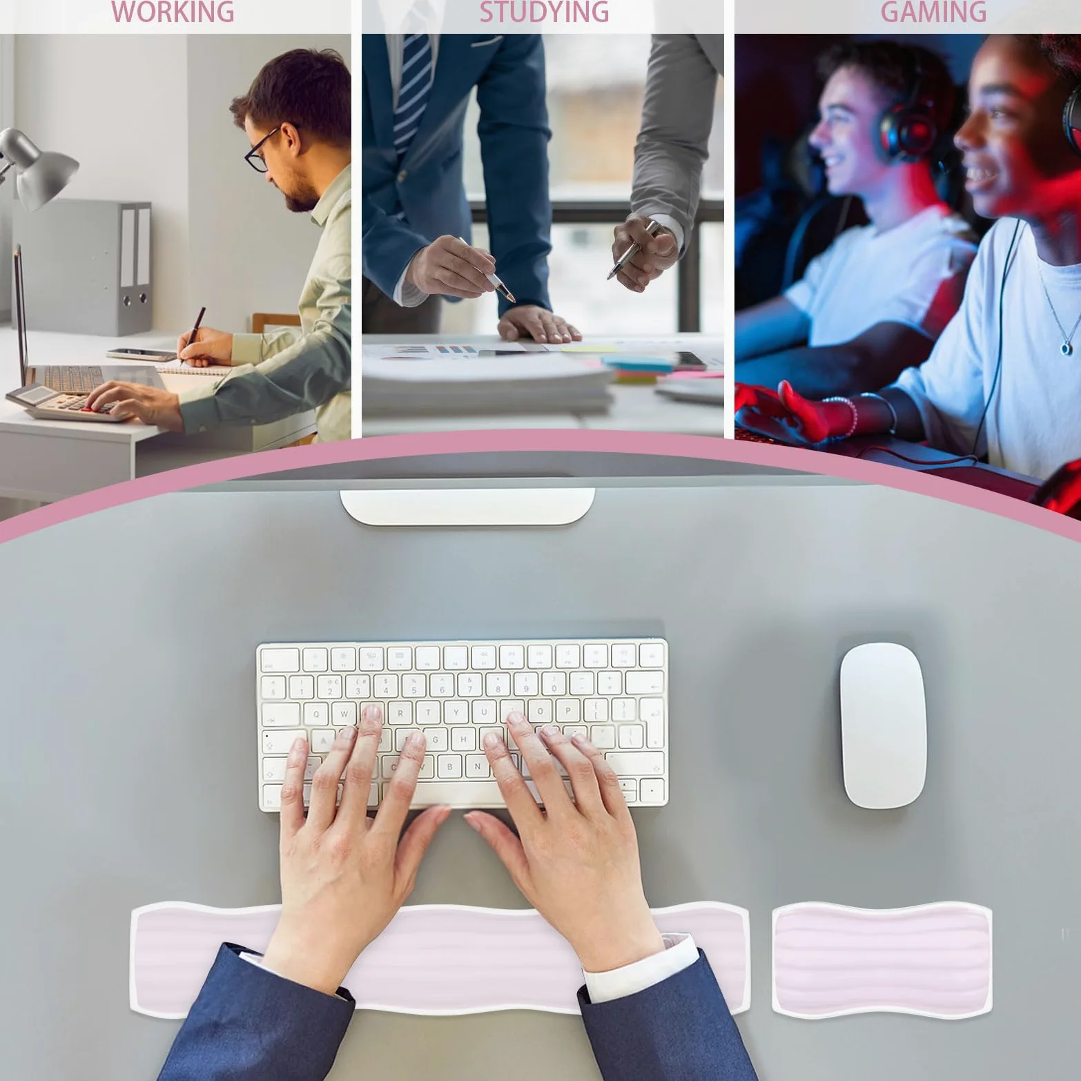 Poggiapolsi in gel per tastiera e mouse, ergonomico e trasparente, poggiapolsi per gaming, computer, laptop, ufficio, colore rosa