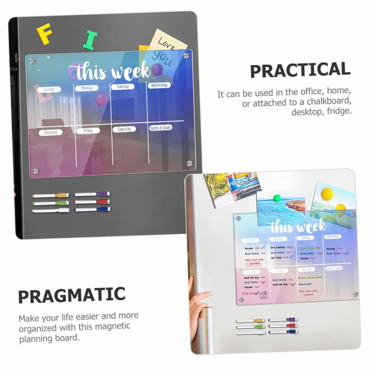 Planning Board Magnetico Settimanale in Acrilico, Set 7 Pezzi | Promemoria Giornalieri, Aderisce al Frigorifero, Superficie Cancellabile a Secco, Non Lascia Residui