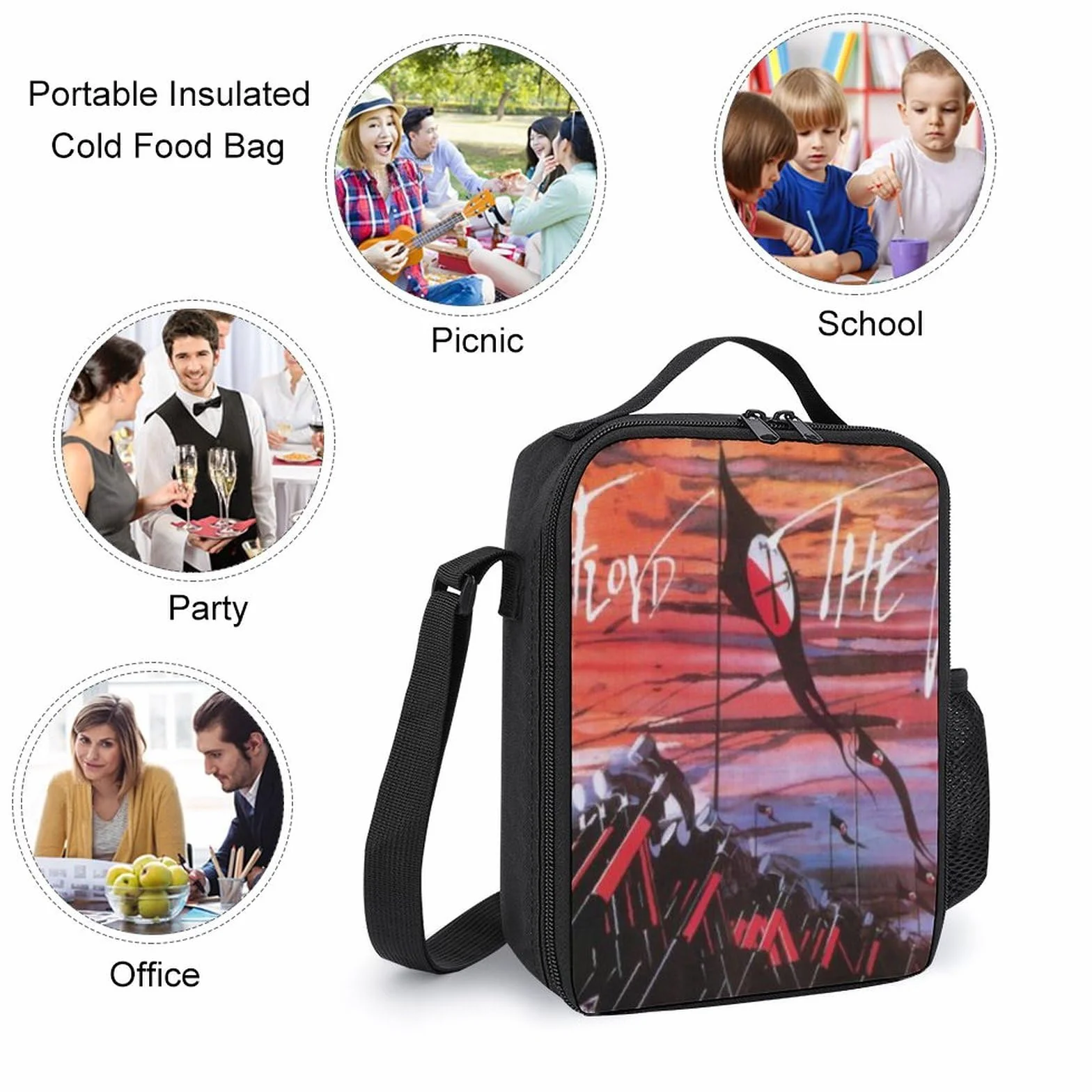 Pink Floyd Borsa termica per il pranzo grande con tracolla a prova di perdite 26x20x12 cm