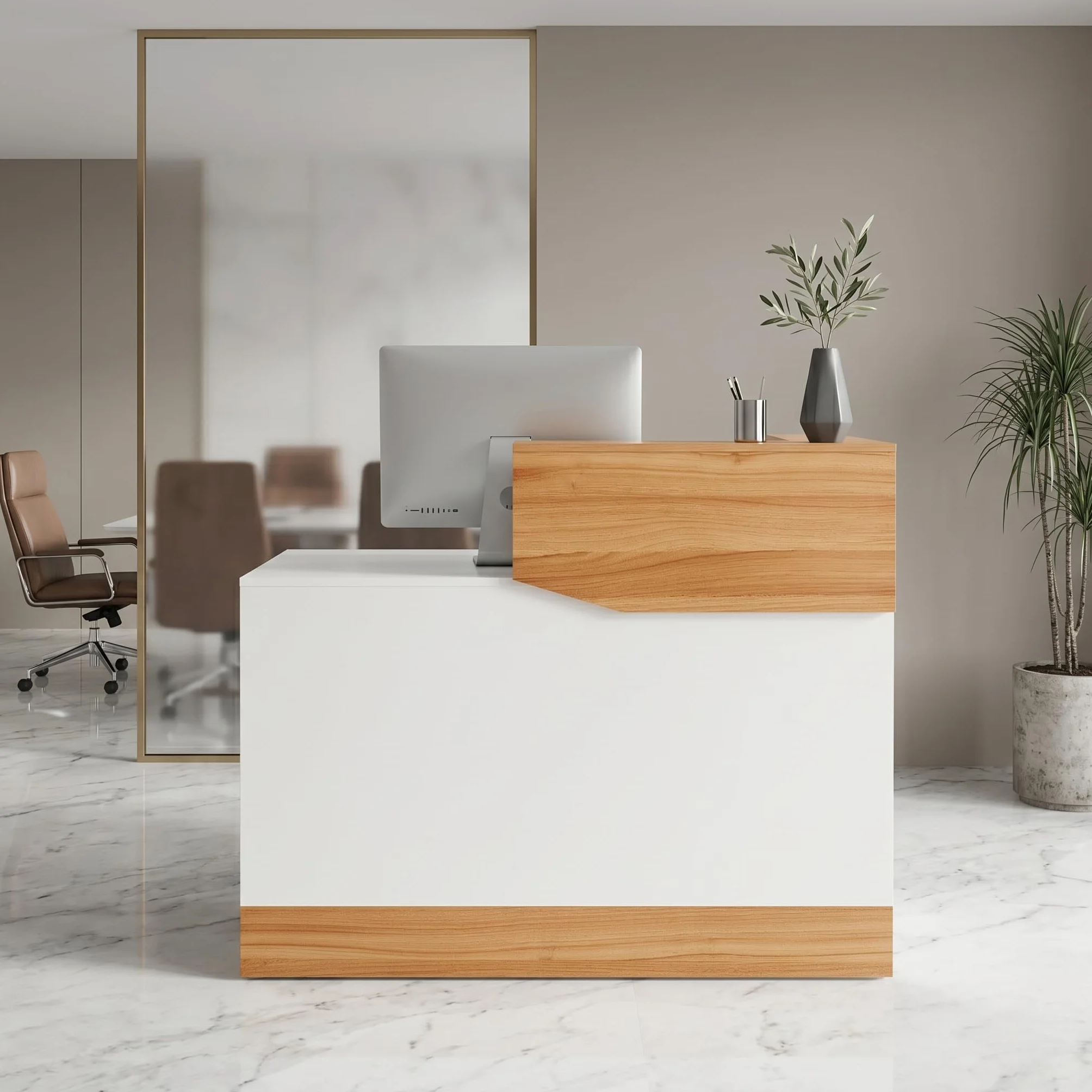 Bancone reception Moderno in Legno 120 cm, Scrivania Professionale Bancone Ufficio con Gestione Cavi per Parrucchiere, Centro Estetico, Negozio, Hotel