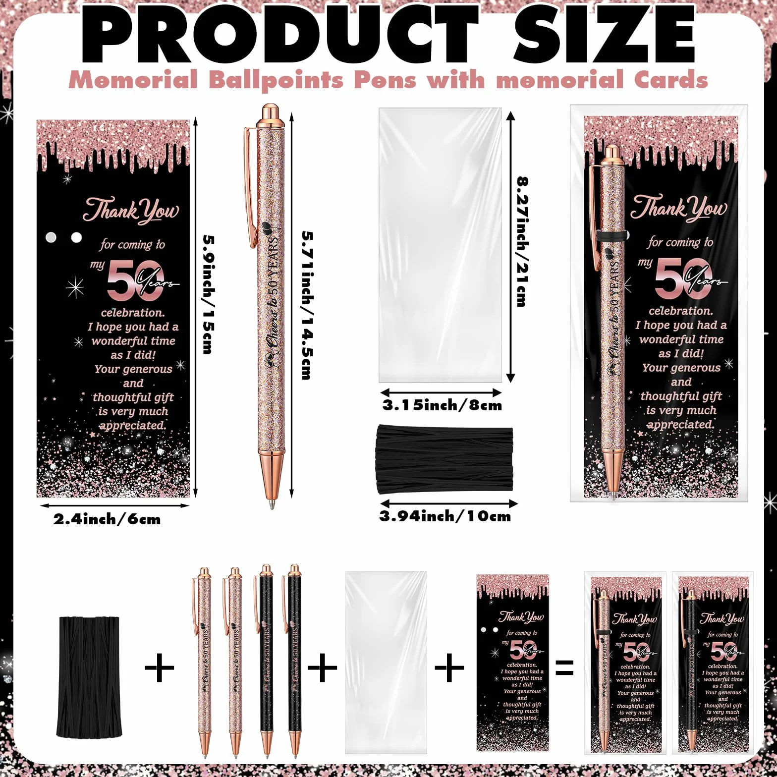 Sayglossy 30 Set di Forniture per il 50° Compleanno per gli Ospiti Include 30 Penne a Sfera con 30 Biglietti di Ringraziamento 50 Sacchetti OPP e 50 Nastri a Torsione per Ufficio, Favori di Compleanno