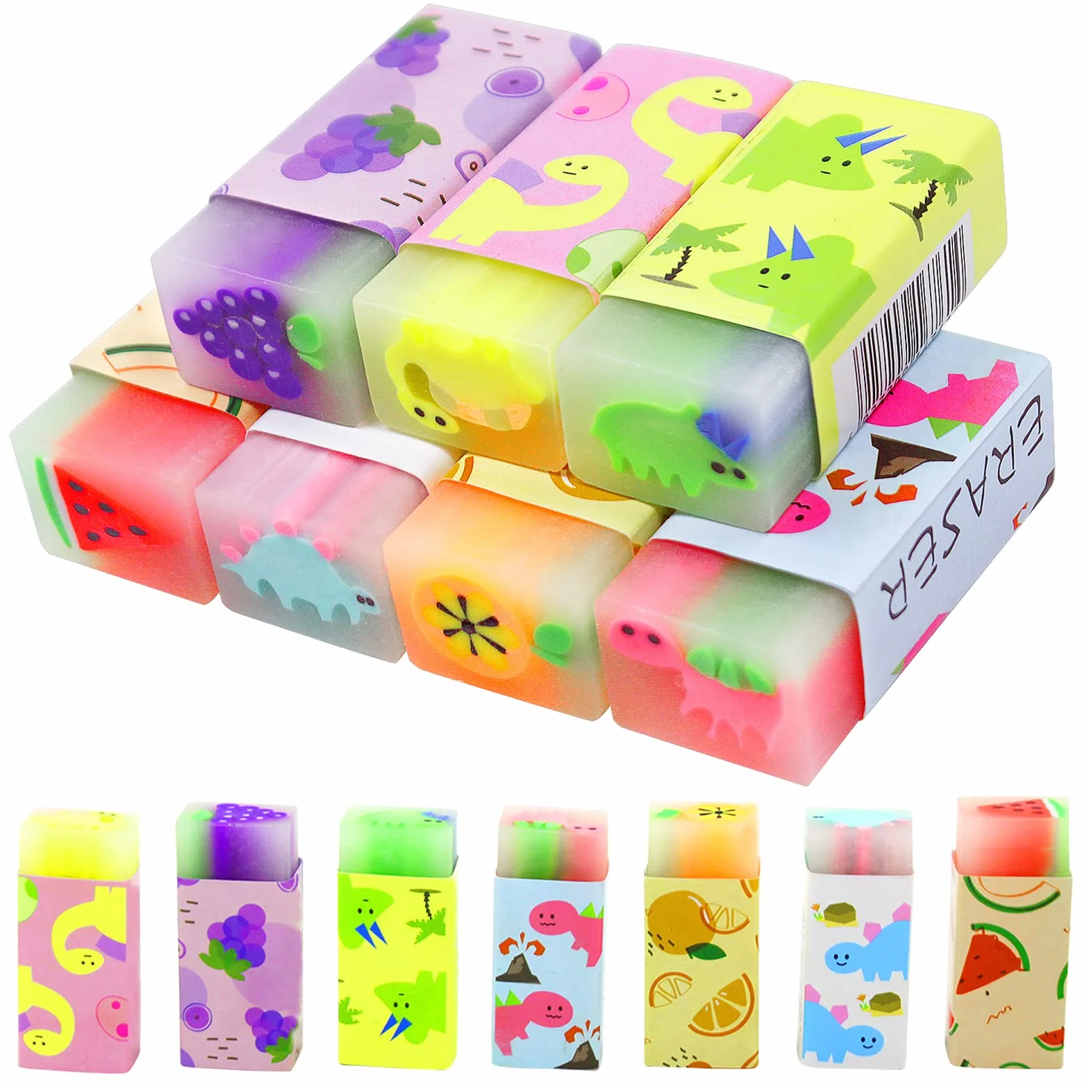 Gomme da Cancellare per Bambini 7 Pcs Frutta Dinosauro Profumate con Scatola