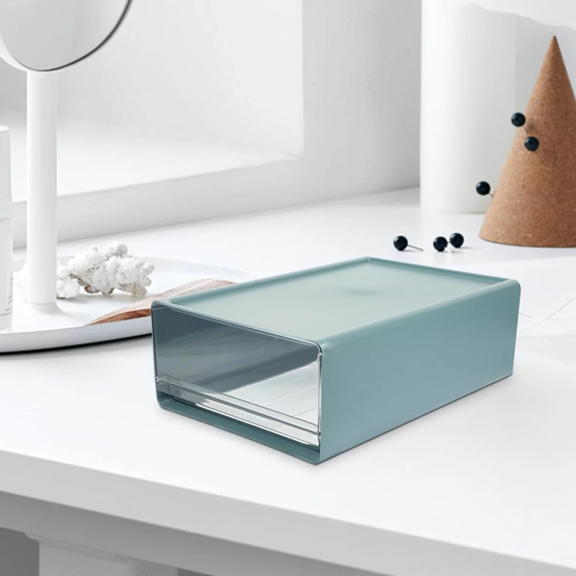 SHINEOFI Organizer da Scrivania a Cassetti 3 Pezzi Blu Hips Pet | Moduli Scomparti Regolabili, Struttura Robusta, per Vanity e Ottimizzazione dello Spazio