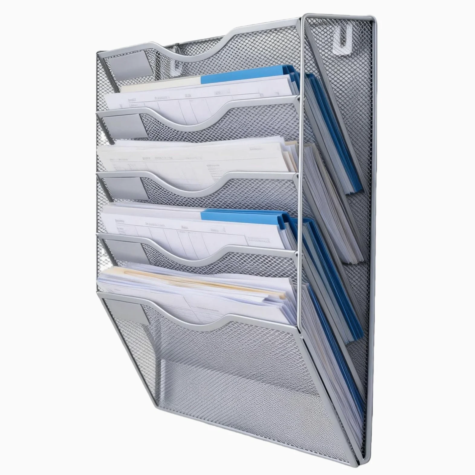 Portariviste a 5 scomparti, da parete, in metallo, formato A4, formato A4, per documenti, riviste, giornali, argento
