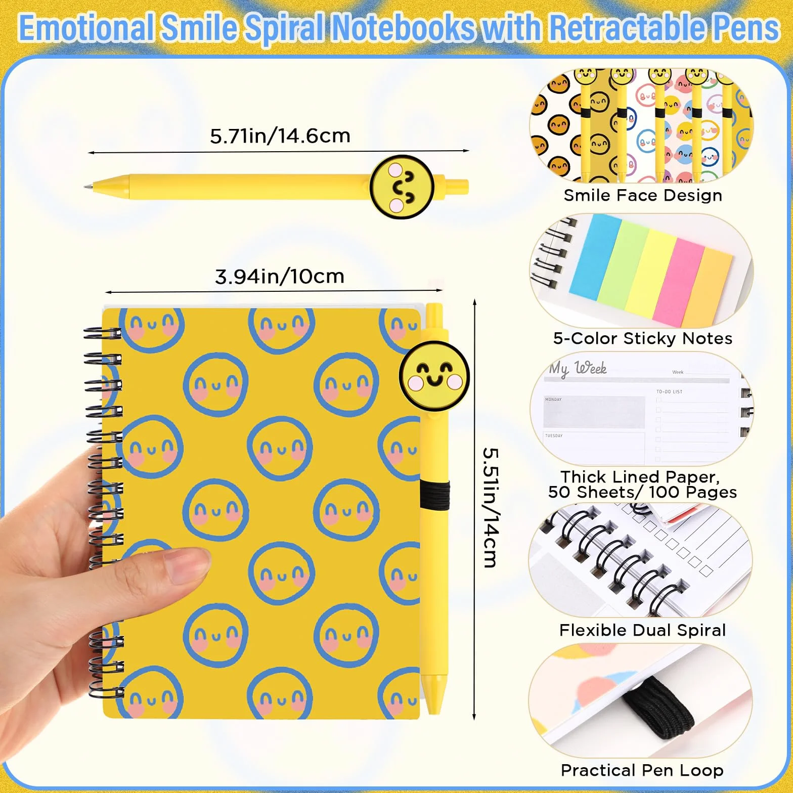 Sayglossy 72 quaderni con supporto emotivo sorridente con note adesive, penne a sfera Happy Face, regalo per il primo giorno di scuola, per studenti, insegnanti, colleghi (agenda settimanale)