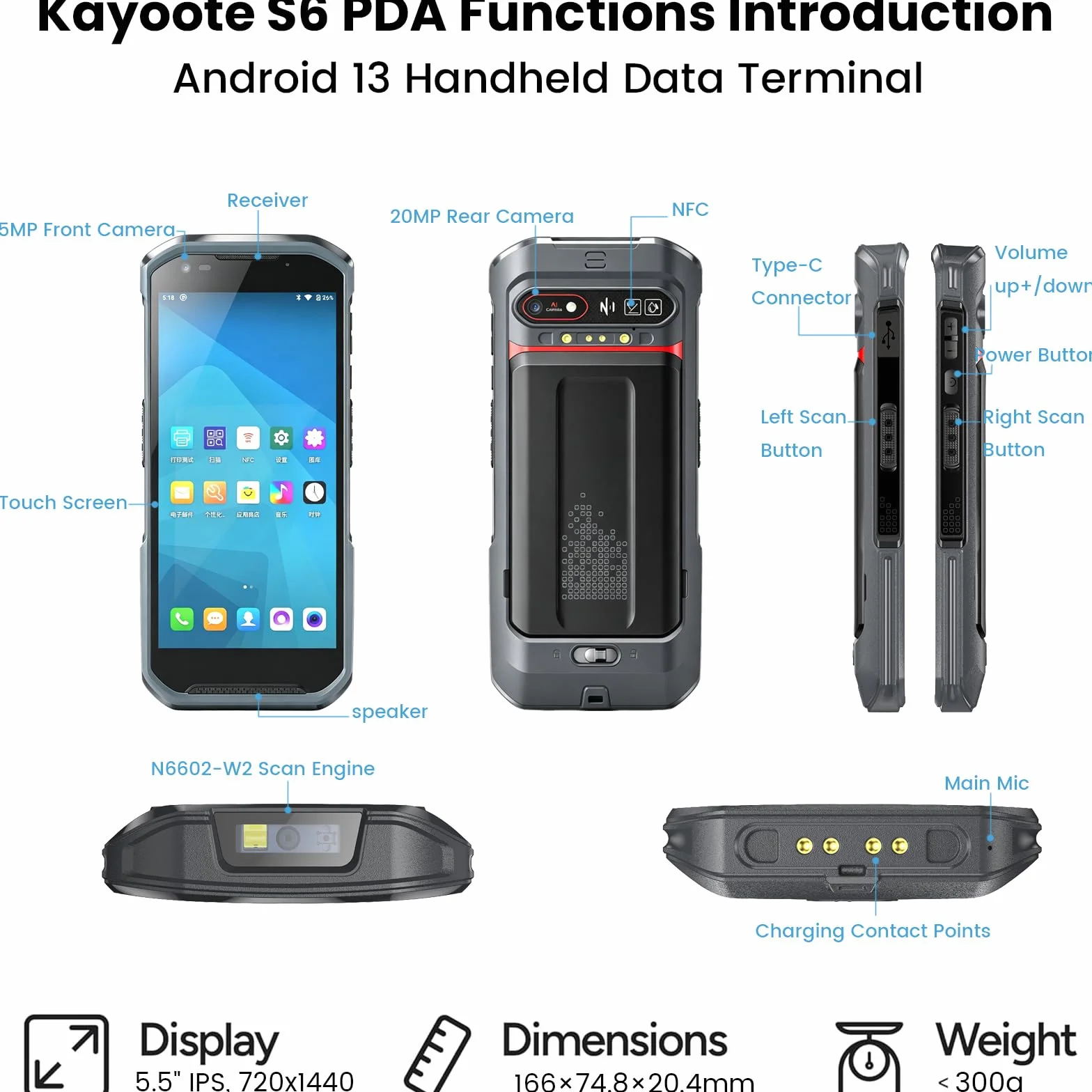 Kayoote S6 Lettore Codici a Barre Android 13, PDA Palmare Touchscreen 5.5", Octa-Core 6GB+64GB, Scanner 1D/2D/QR, Batteria 5200mAh, 4G WiFi NFC Terminale Dati per Inventario Magazzino