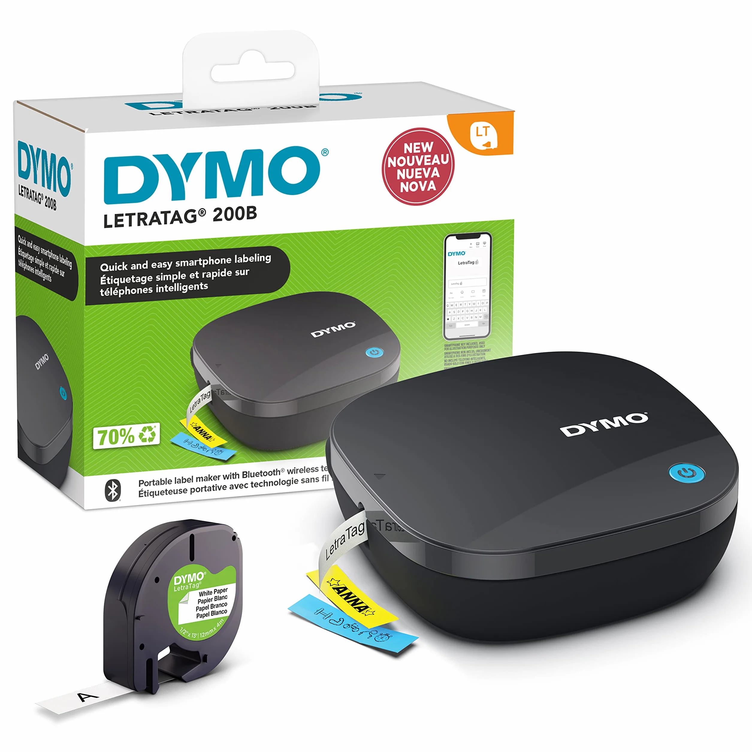DYMO LetraTag 200B etichettatrice Bluetooth | Stampante per etichette compatta | Si connette a iOS e Android tramite tecnologia wireless Bluetooth | Include 1 rotolo di etichette di carta bianca