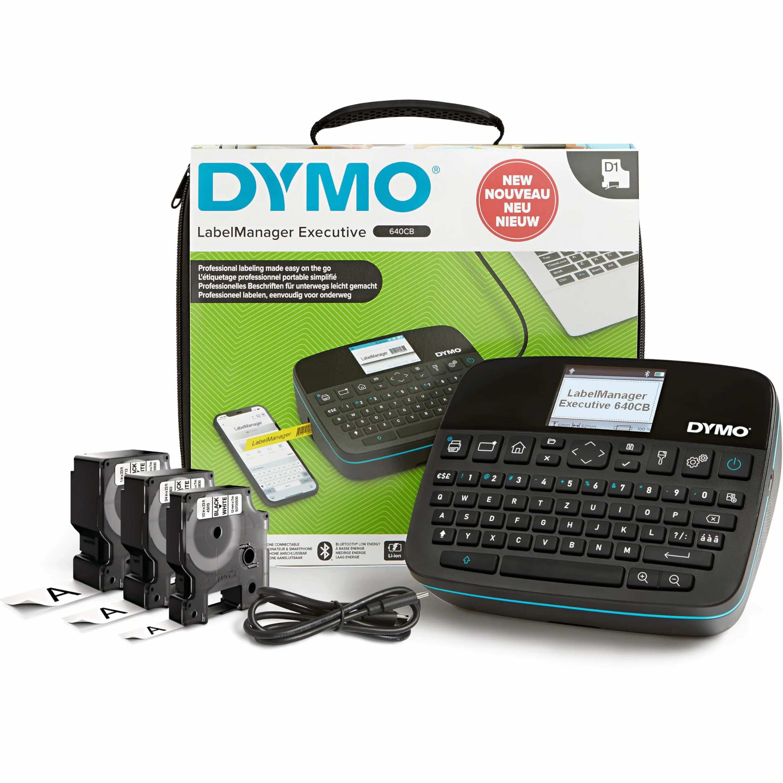 DYMO LabelManager Executive 640CB - Stampante per etichette portatile con borsa per il trasporto e 3 nastri per etichettatura, con tastiera QWERTZ, connettività Bluetooth e USB, compatibile con D1