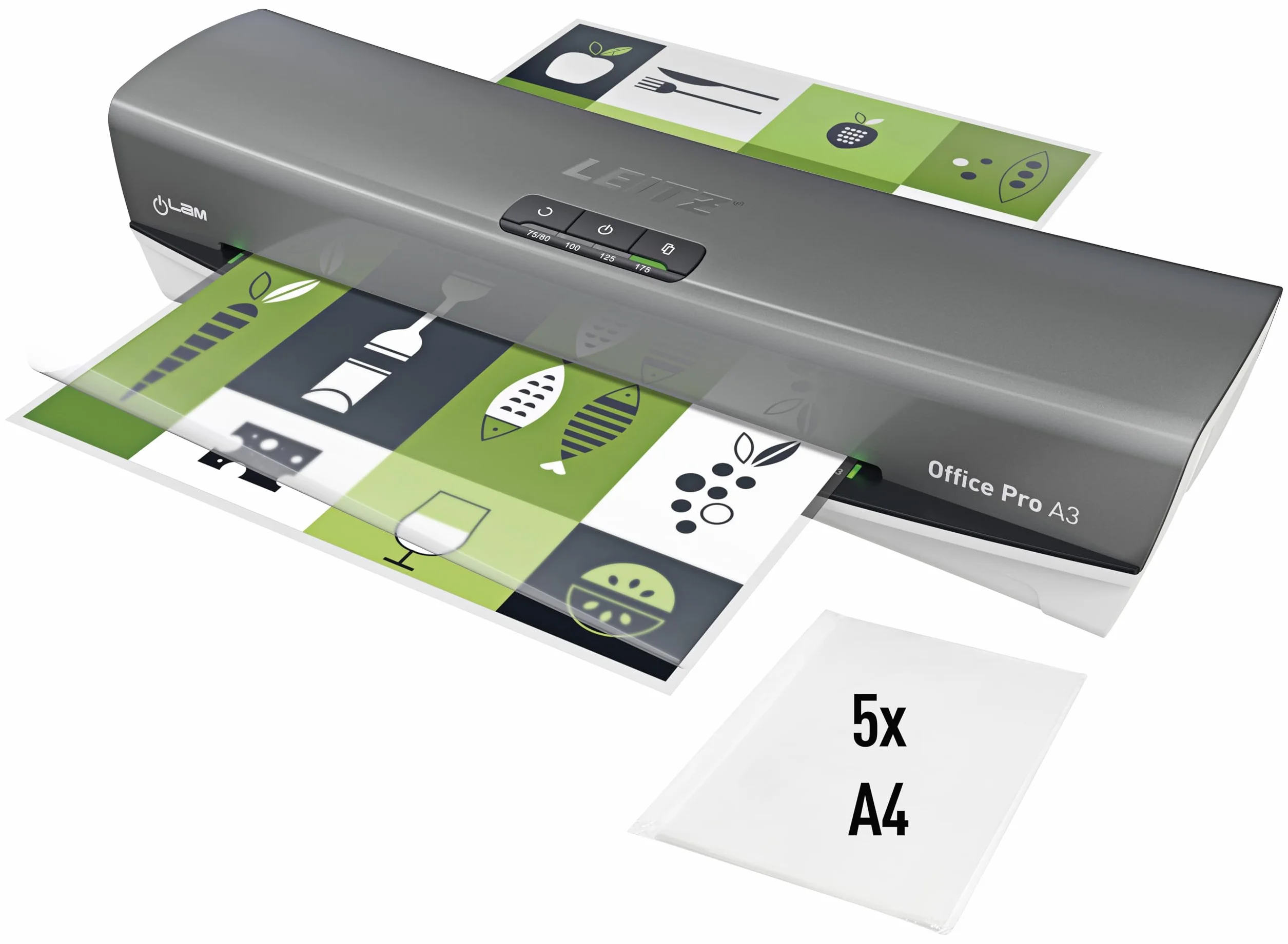 Leitz iLAM Office Pro Plastificatrice A3 ? Riscaldamento ultra-rapido in 1 min, 75-125 mic, anti-inceppamento, spegnimento automatico, include 5 pouch A4 per plastificazione, grigio-bianco, 75180084
