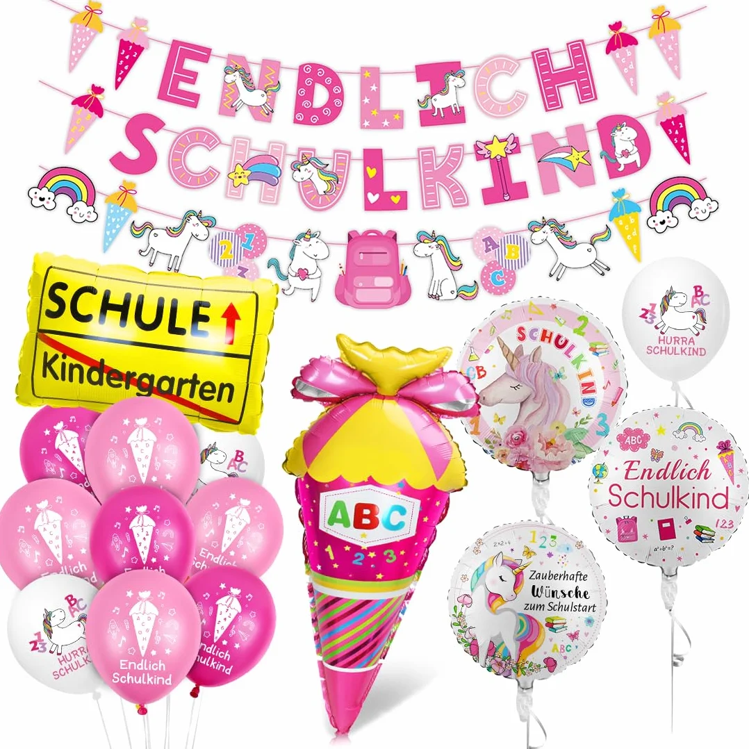Decorazione per l'inizio della scuola a tema unicorno, palloncino in pellicola e striscione per bambini