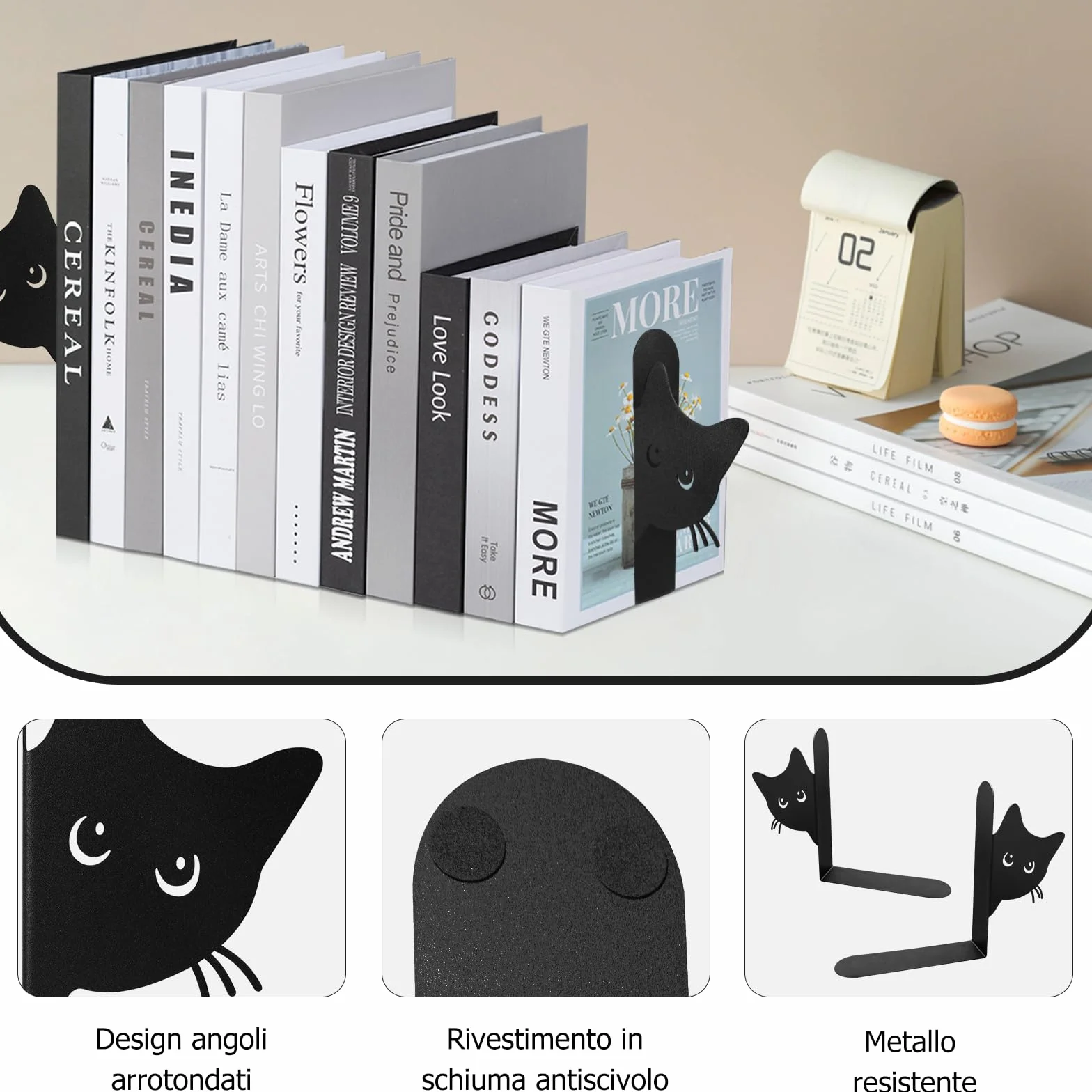 Fermalibri in Metallo a Forma Di Gatto, 2 Pezzi, per Bambini, Scuole, Uffici, Camere Da Letto (Nere)