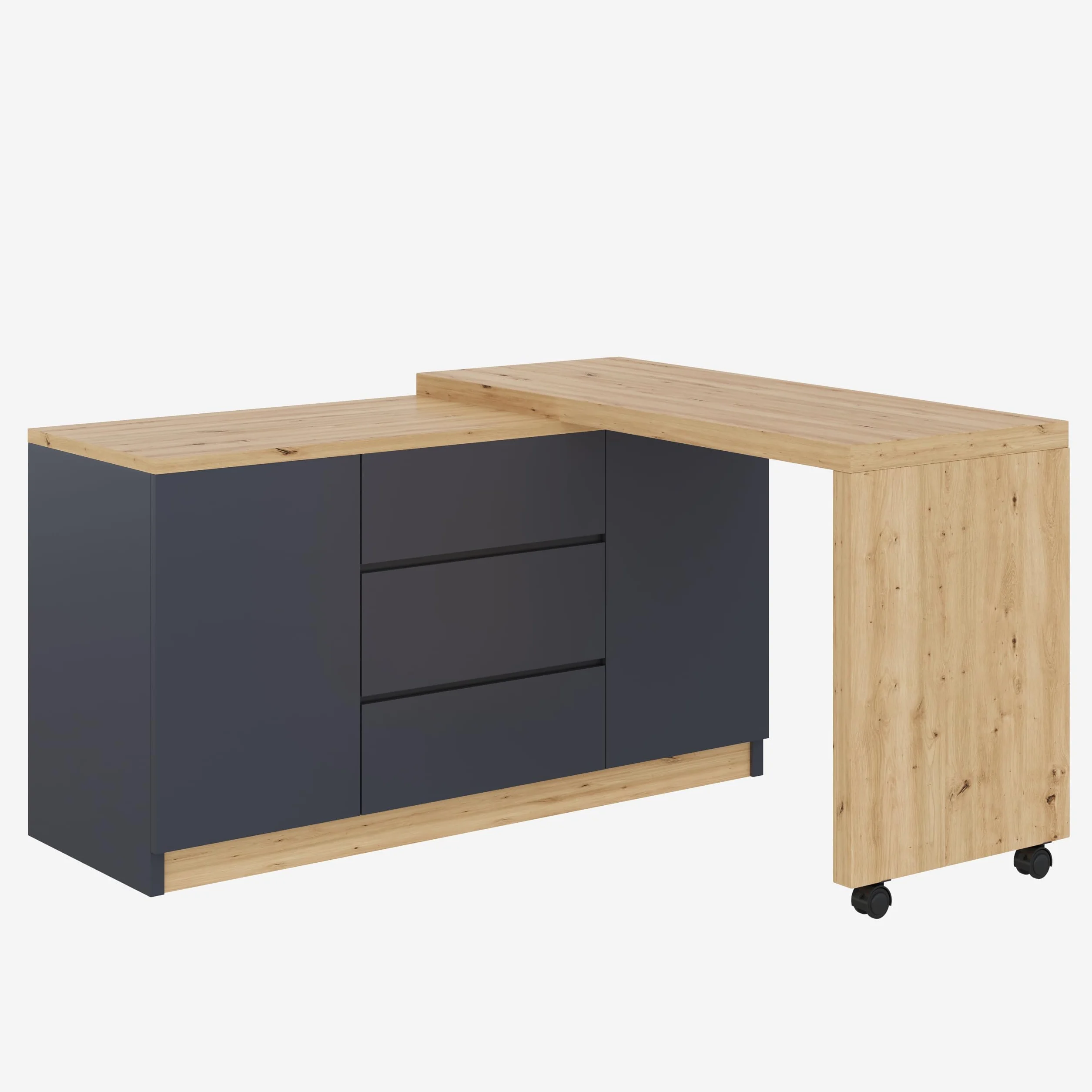 Scrivania con ruote bloccabili, design multifunzionale, 4 cm di spessore, piano girevole bloccabile, scrivania pieghevole, scrivania angolare, credenza (grigio + rovere)