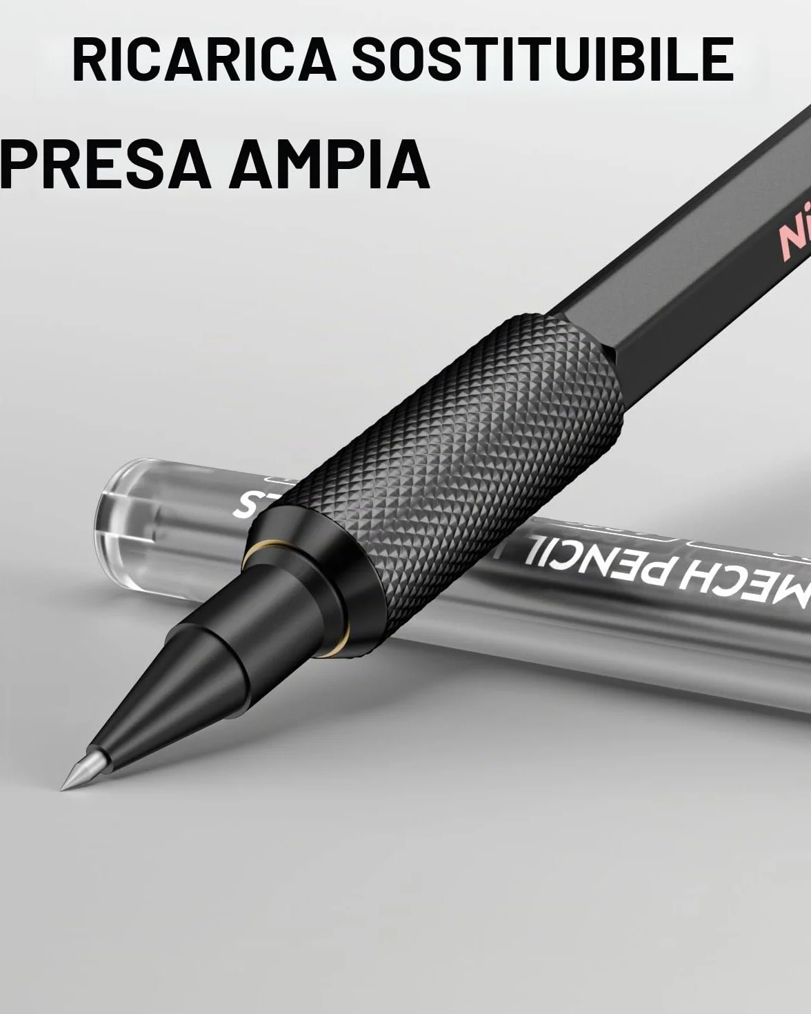 Nicpro Portamine 2 mm MP2000 con Custodia, 12 Ricariche Nera e Colorata, Gomme - Portamine in Metallo Resistente Alle Intemperie