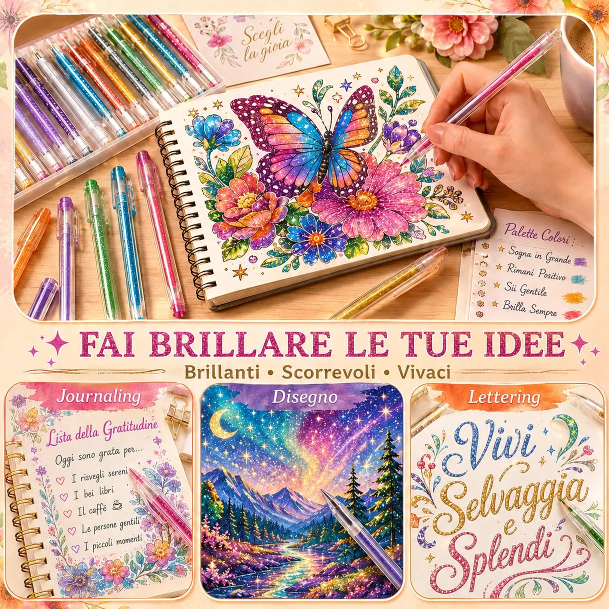 Gunsamg 240 Penne Gel per Adulti Colorate 120 Penne Glitter Colorate con 120 Ricariche Glitter per Bambini Drawing, Artigianato, Colorazione