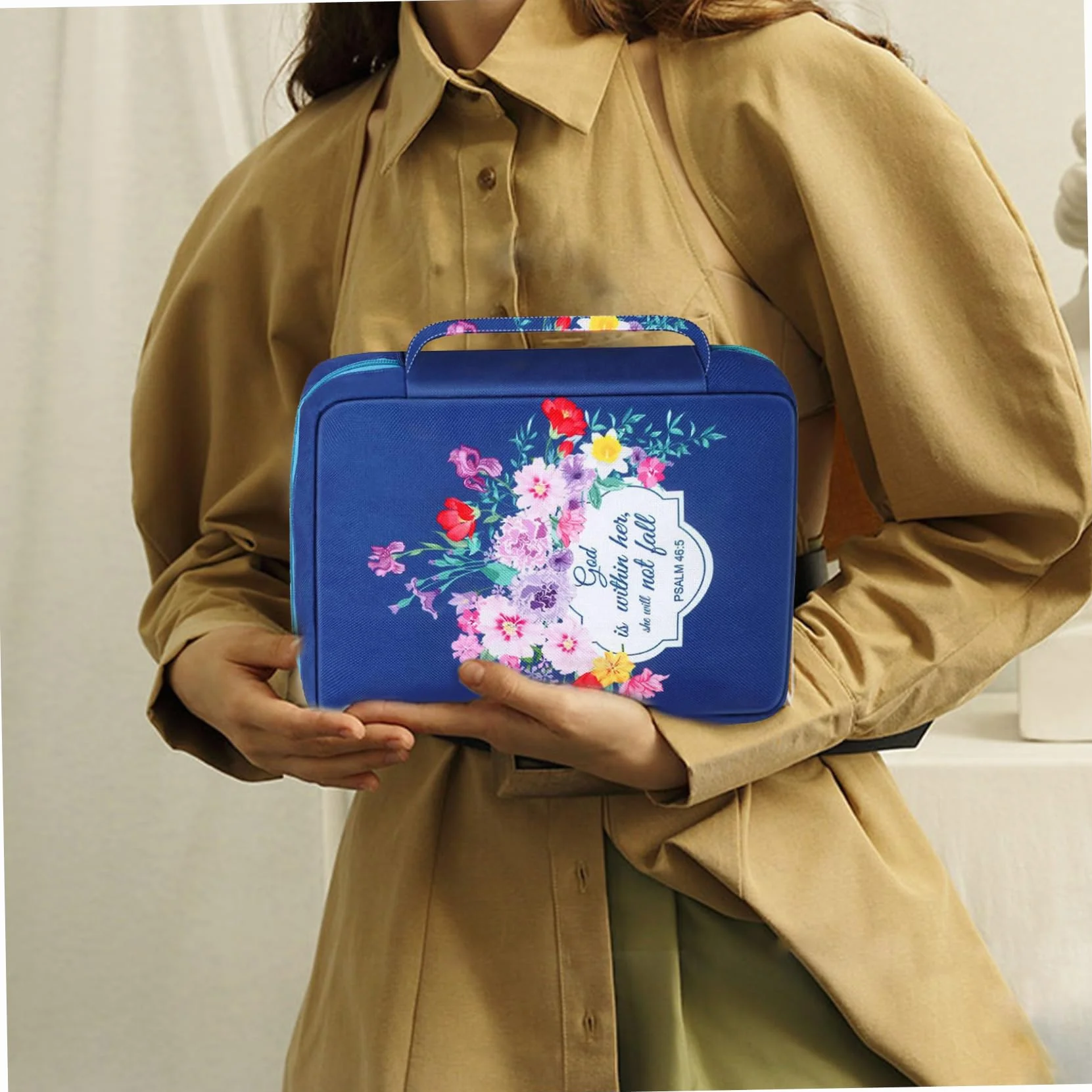 Custodia per Bibbia Donna 25,4 x 17,8 cm Oxford Tessuto Cerniera Floreale Blu