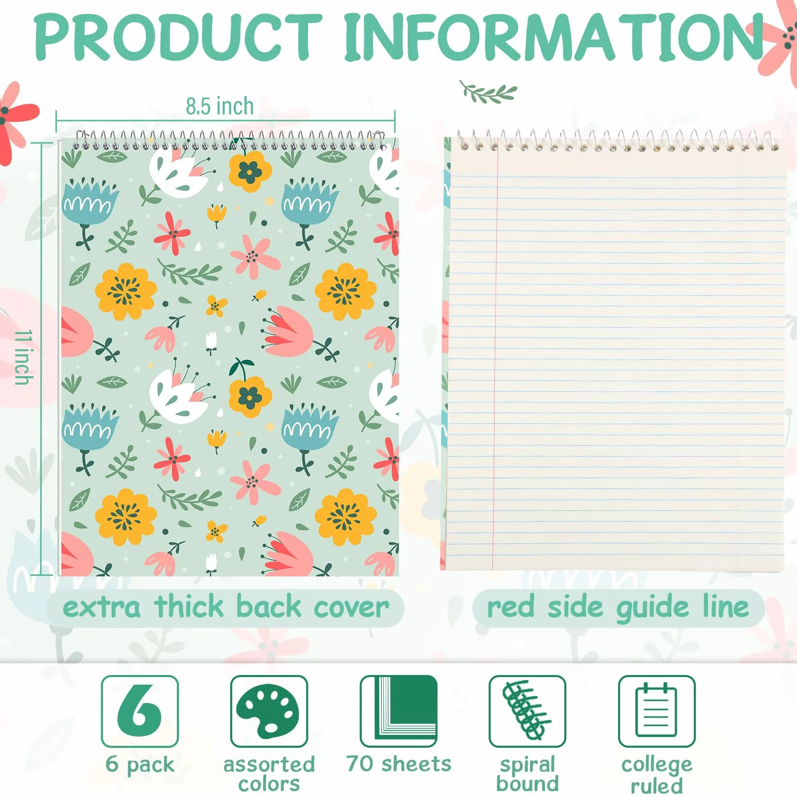 Maitys 6 quaderni legali a spirale Steno da 21,6 x 27,9 cm, rilegatura superiore a spirale, copertina rigida, blocco note a righe, 70 fogli, per scuola, ufficio, università, casa (multicolore, stile