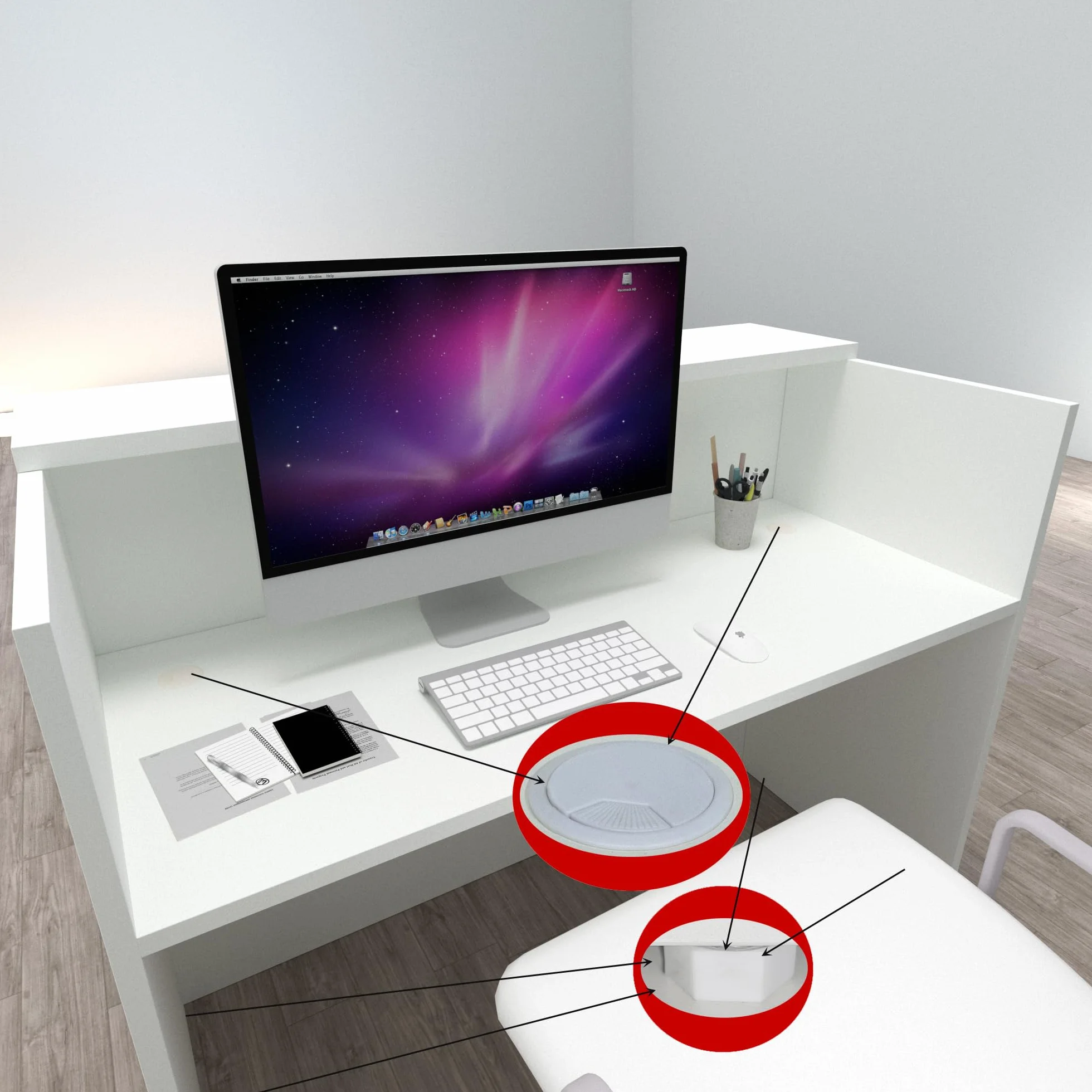 Henor Bancone Reception Ebro. 110 x 60/75 x 110 cm. Legno Con tavolo interno. Ideale per ufficio, reception, attenzione, commercio. Bianco Opaco