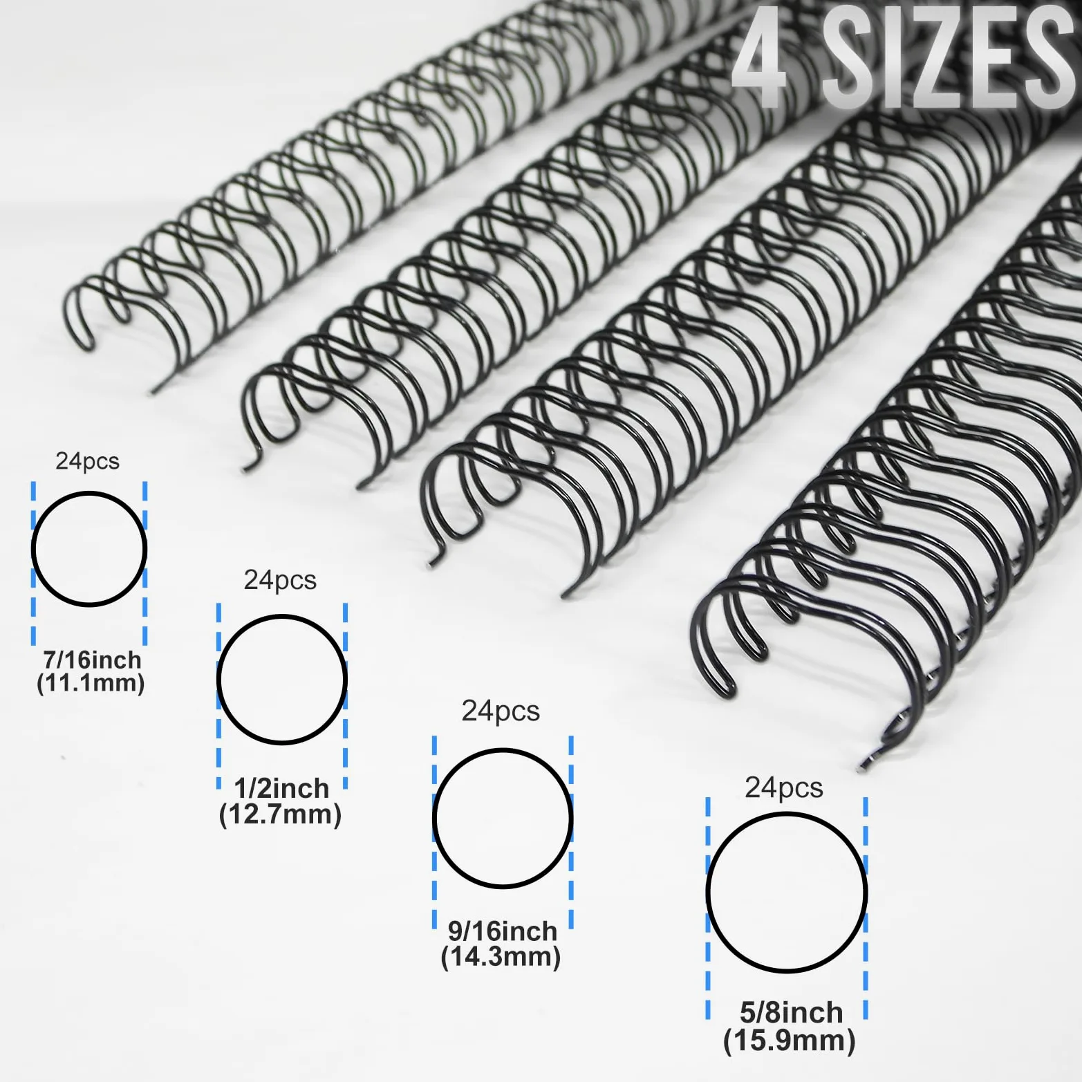 Rayson Fili per rilegatura a doppio anello, misure miste (7/16", 1/2", 9/16", 5/8"), passo 3:1 32-loop nero, confezione da 96