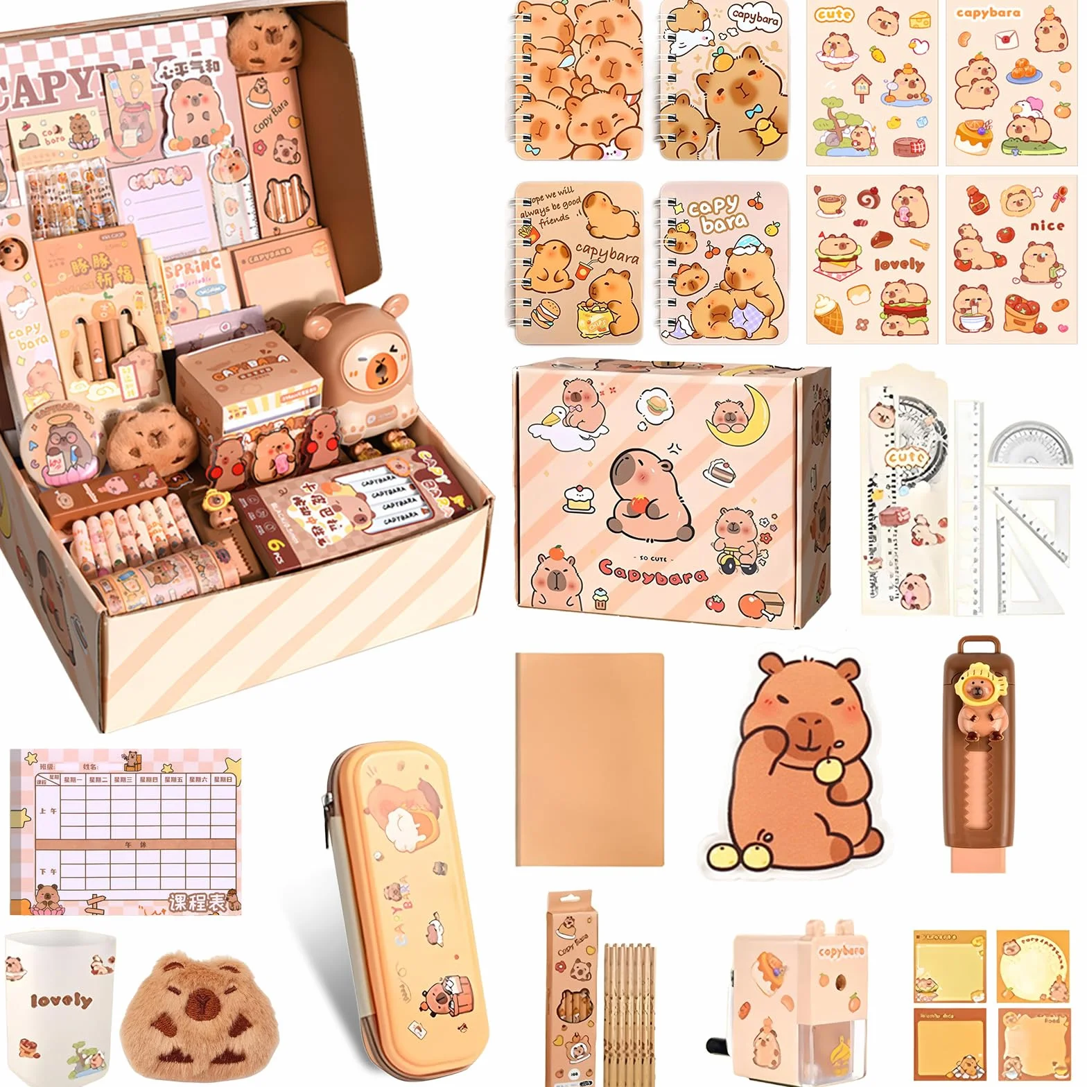Set di Cancelleria Capibara, Forniture per Ufficio e Scuola Astuccio Capibara con Accessori Penne Cancellabili,Segnalibri Block Notes Adesivi Badge Regalo per Ufficio Scuola Studenti Bambini
