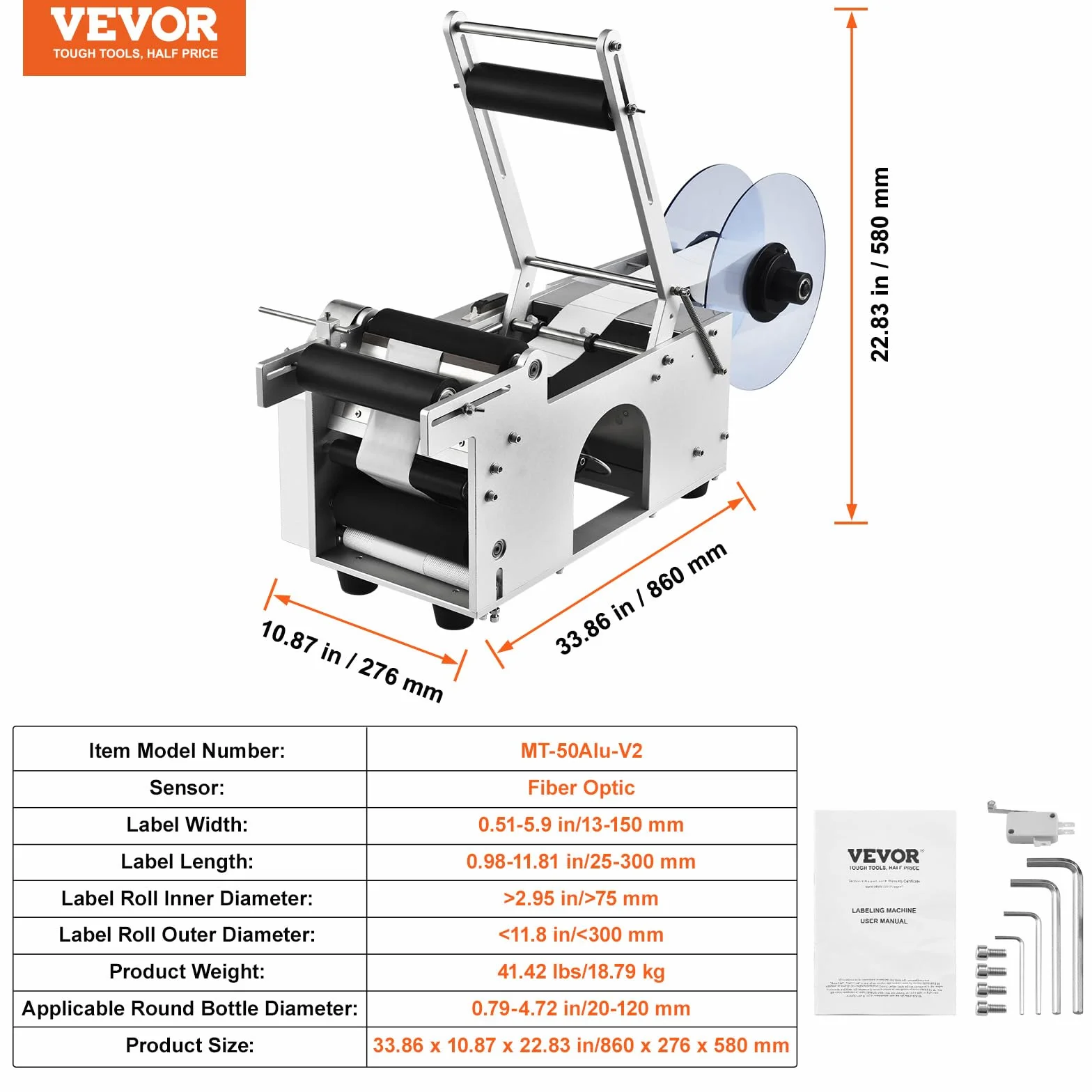 VEVOR Etichettatrice Semiautomatica per Bottiglia Rotonda, 20-50Pezzi/min, Applicatore di Etichette, Etichettatrice Regolabile Adatta per Bottiglie Larghezza Etichetta tra 13-150mm Lunghezza 25-300mm