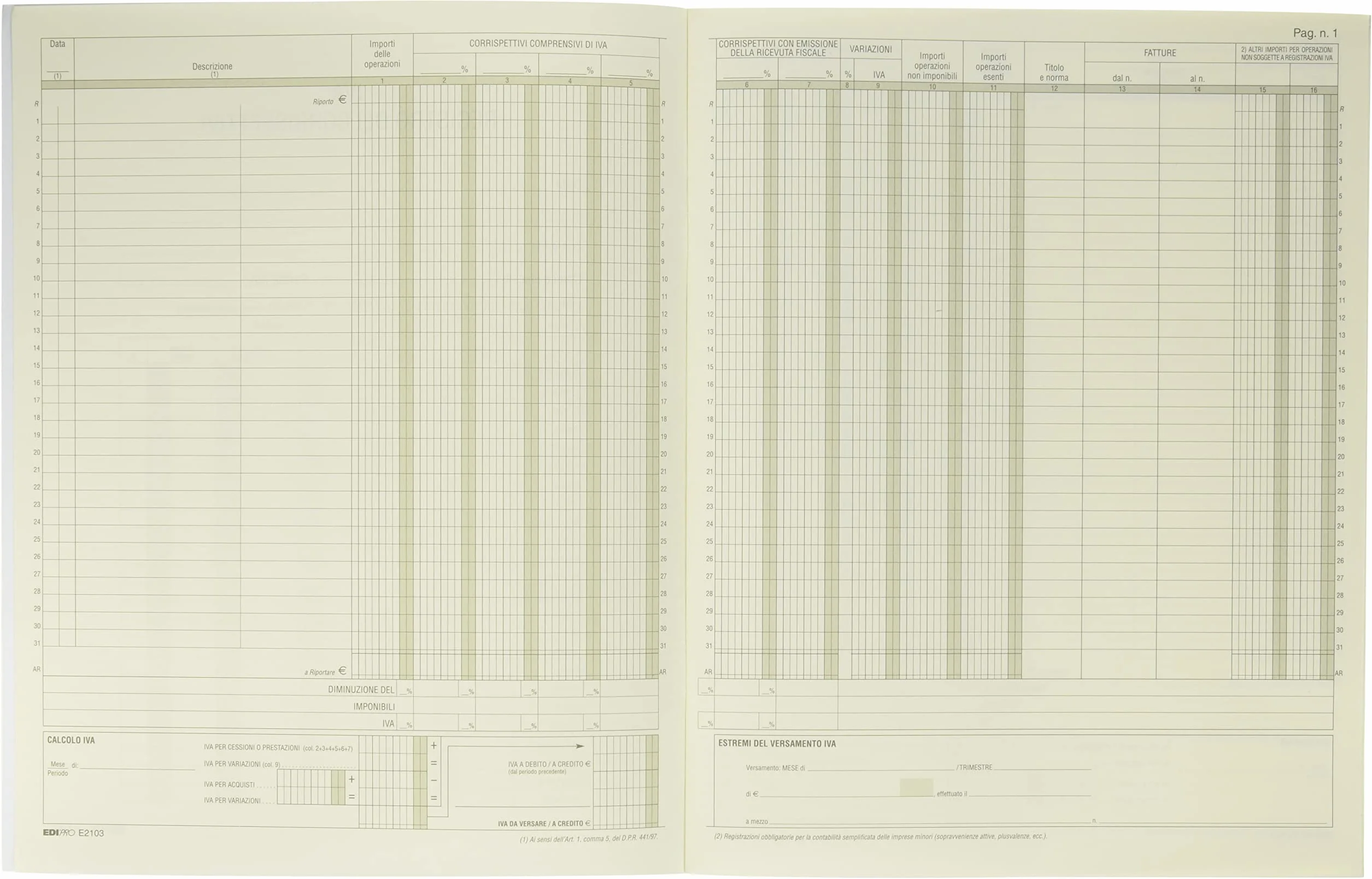 EDIPRO E2103 Registro IVA corrispettivi 15 pagine numerate 31x24,5