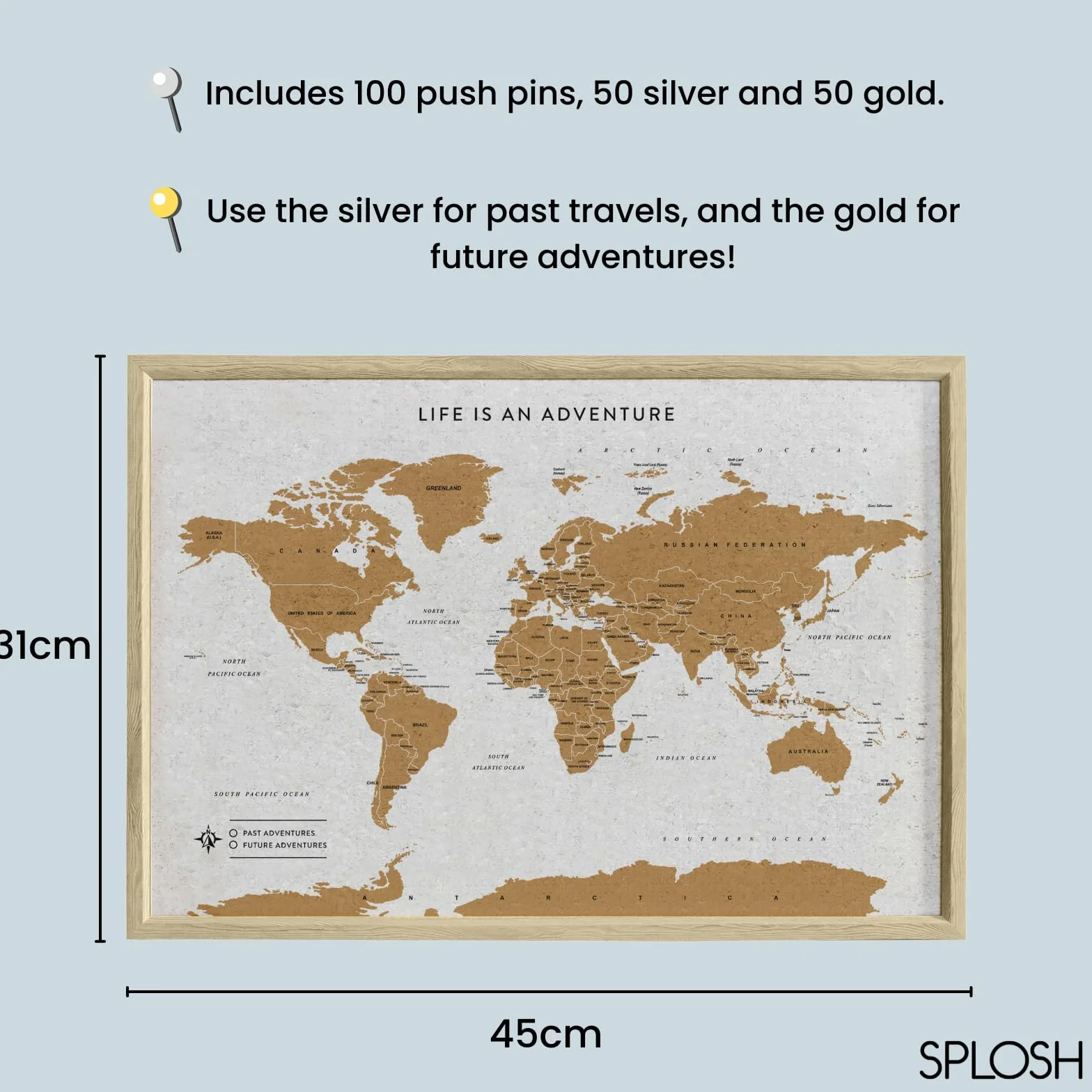 Splosh Mappa da Viaggio - Bacheca Mappa del Mondo da Scrivania con Puntine in Cornice di Legno Bianco Bacheca in Sughero Mappa del Mondo con 100 Puntine in 2 Colori per Segnare le Tue Avventure