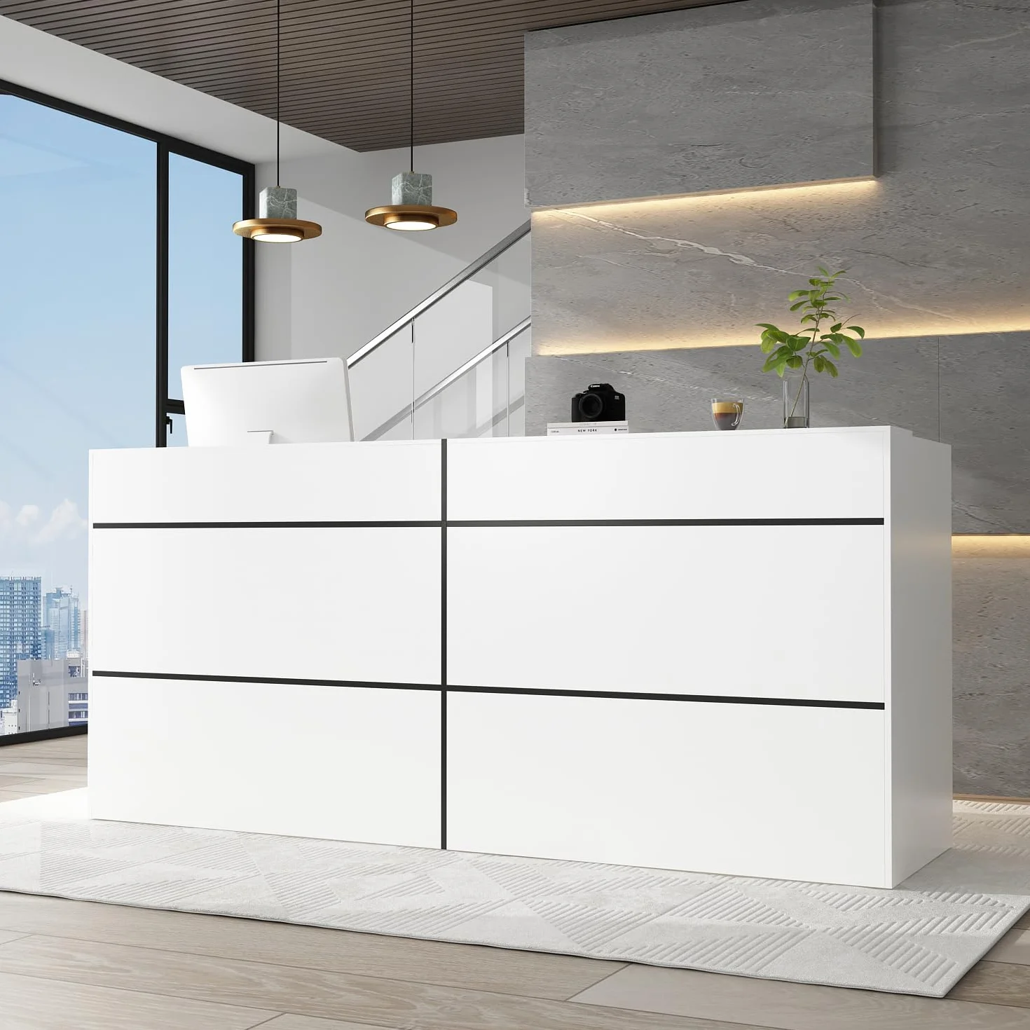 Grande bancone di ricezione con grande superficie di lavoro, casse di ricevimento, banco di reception, bancone negozio, banco di vendita, mobile reception, bianco, MDF, 220 cm x 60 cm x 100 cm