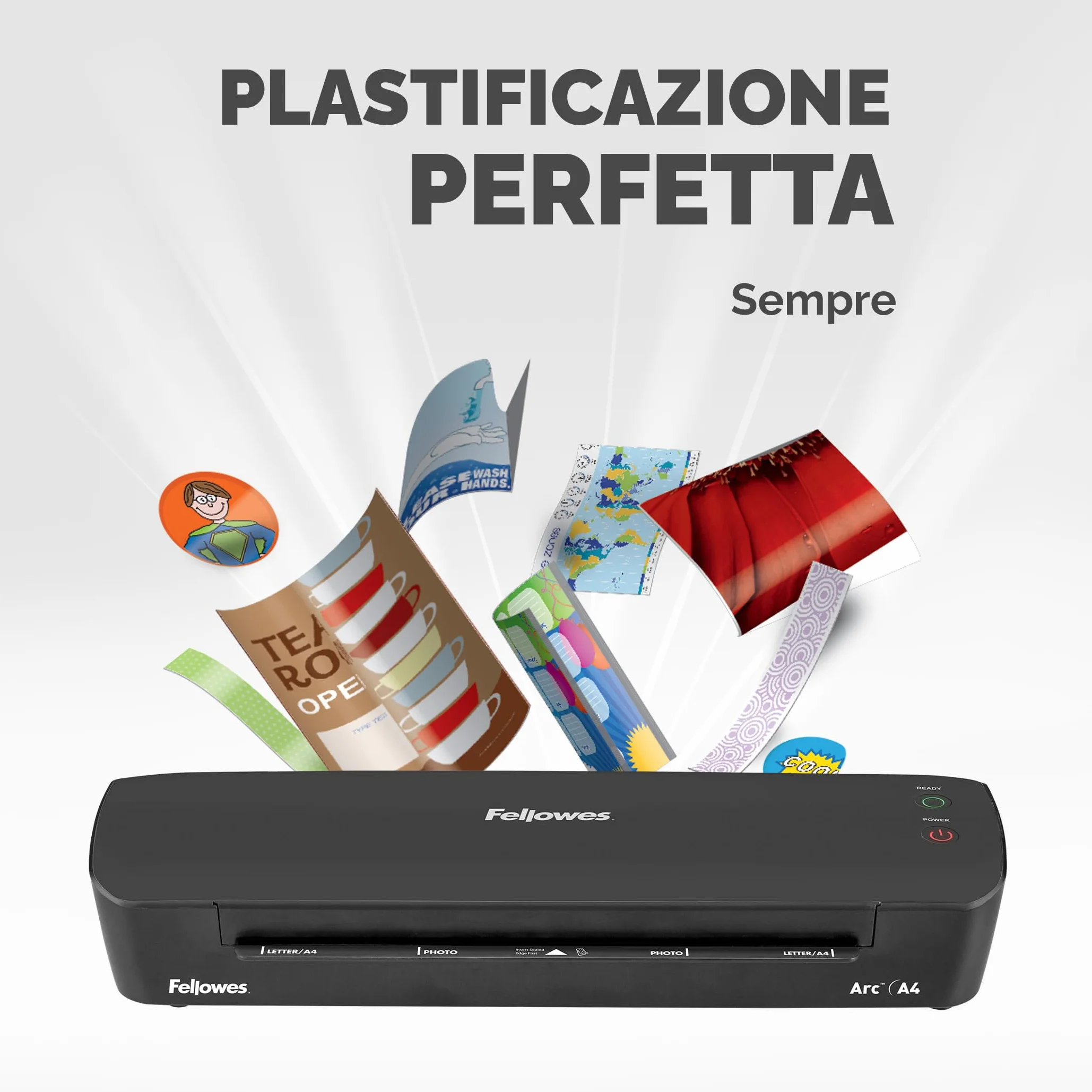Plastificatrice Fellowes Arc A4, per laminazione a caldo di buste fino a 80 micron, leva antiinceppamento, hobby creativi, 30 cm/min, 4570001
