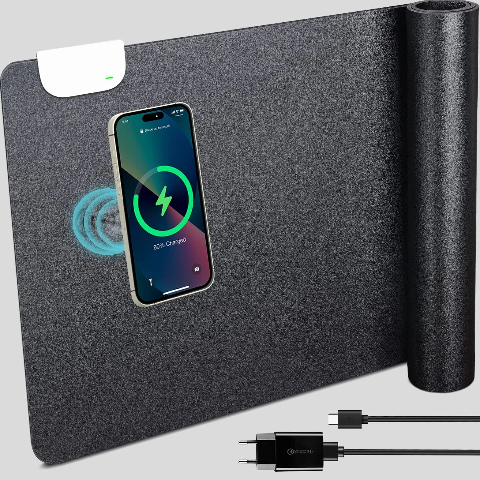 GORESE Sottomano Scrivania Ufficio in Pelle PU, Tappetino mouse con Ricarica Wireless 10W, Supporta Qi, Impermeabile, Nero 90x42CM