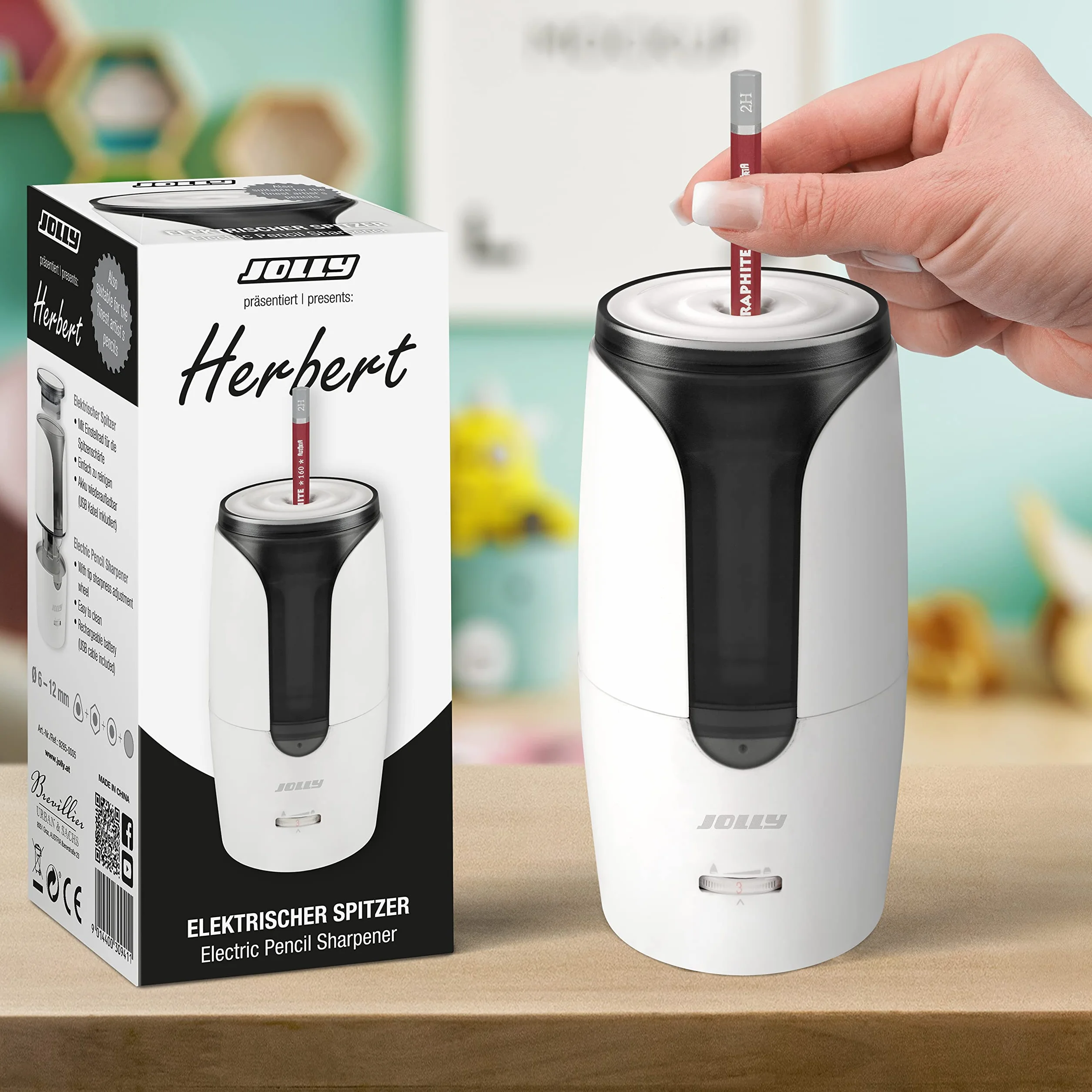 JOLLY Herbert Temperino elettrico Grande temperino elettrico per tutte le penne, anche per belle matite artistiche e matite integrali con arresto automatico bianco