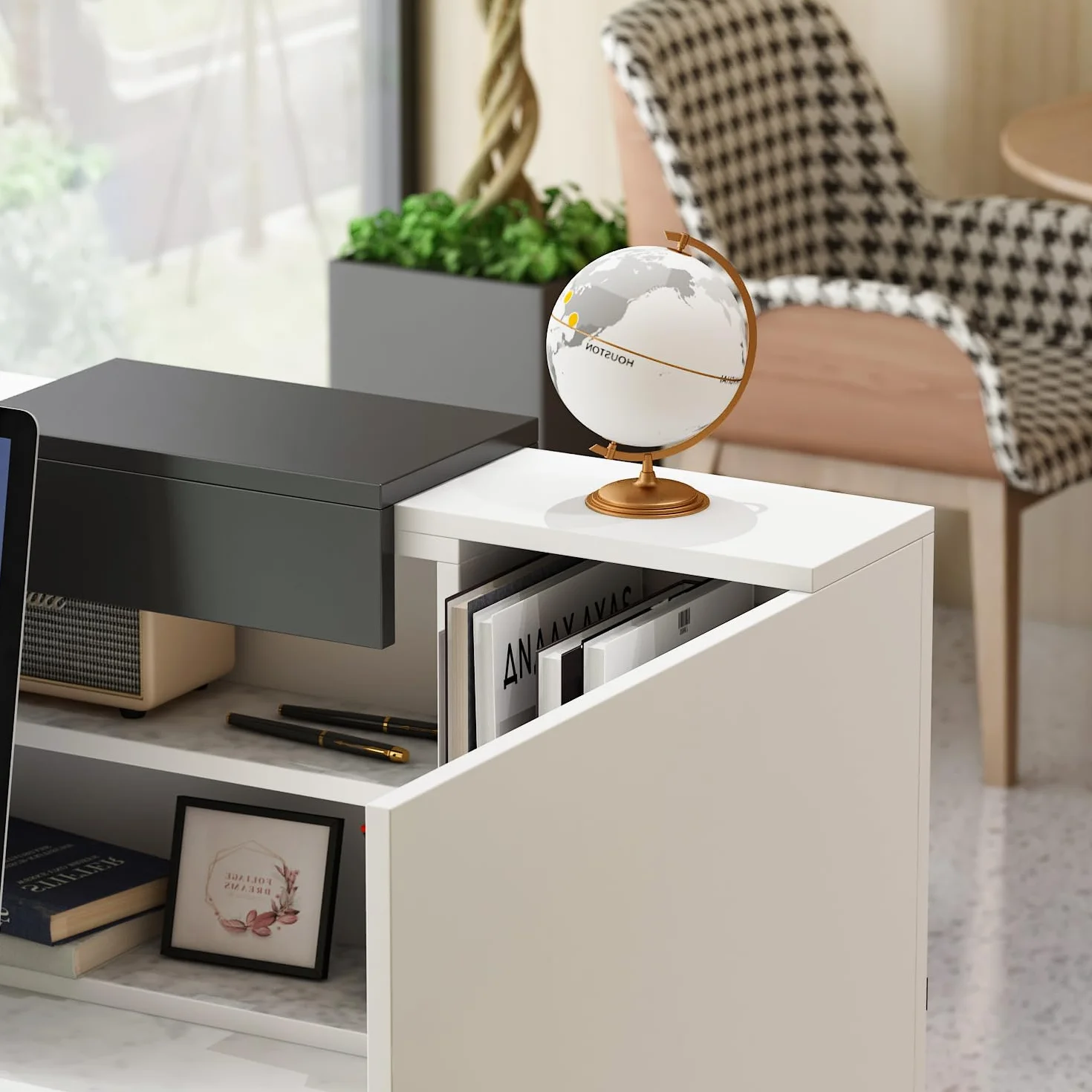Banco di reception, banchi di reception, banchi di ricevimento con cassetti e armadi chiudibili, bancone con ripiani aperti regolabili, 140 x 60 x 110 cm, MDF, bianco, HUPODE250005-0001