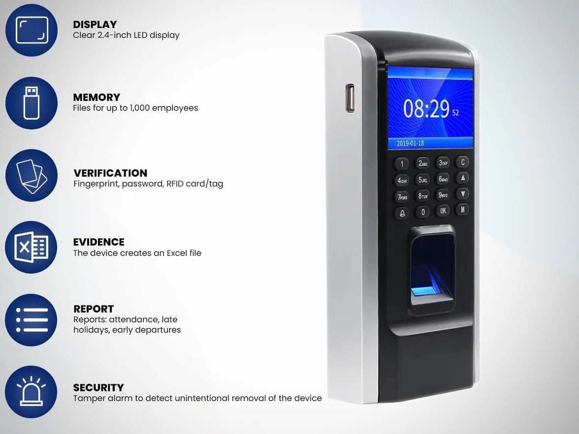 HDWR CTR12 Macchina per La Rilevazione Delle Presenze, Sistema Biometrico Avanzato di Impronte Digitali, Rilevatore Presenze Dipendenti, Password e Scheda RFID da 125 kHz