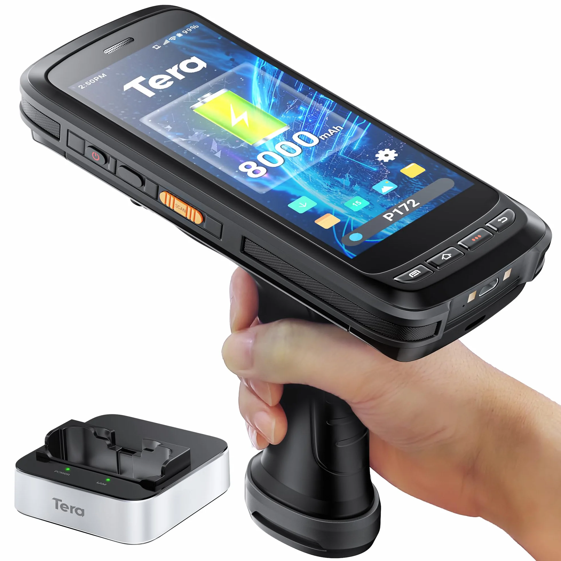Tera Android 13 Barcode Scanner PDA: 8000 mAh Grande batteria 4G + 64GB con stazione di ricarica, impugnatura a pistola, computer portatile 5,2" Full-Touch Screen Motore di scansione 2D ad alte