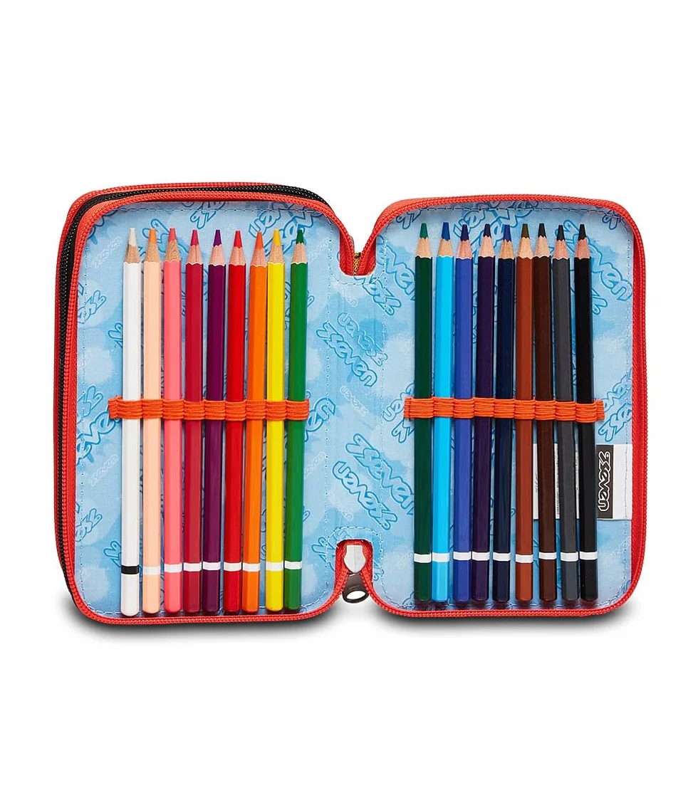 Seven Astuccio Scuola Elementare, 3 scomparti, Medie, con Matite, Pennarelli, Penne, 3 Zip, Fluo Stamp, Bambino e Ragazzo, blu/arancione