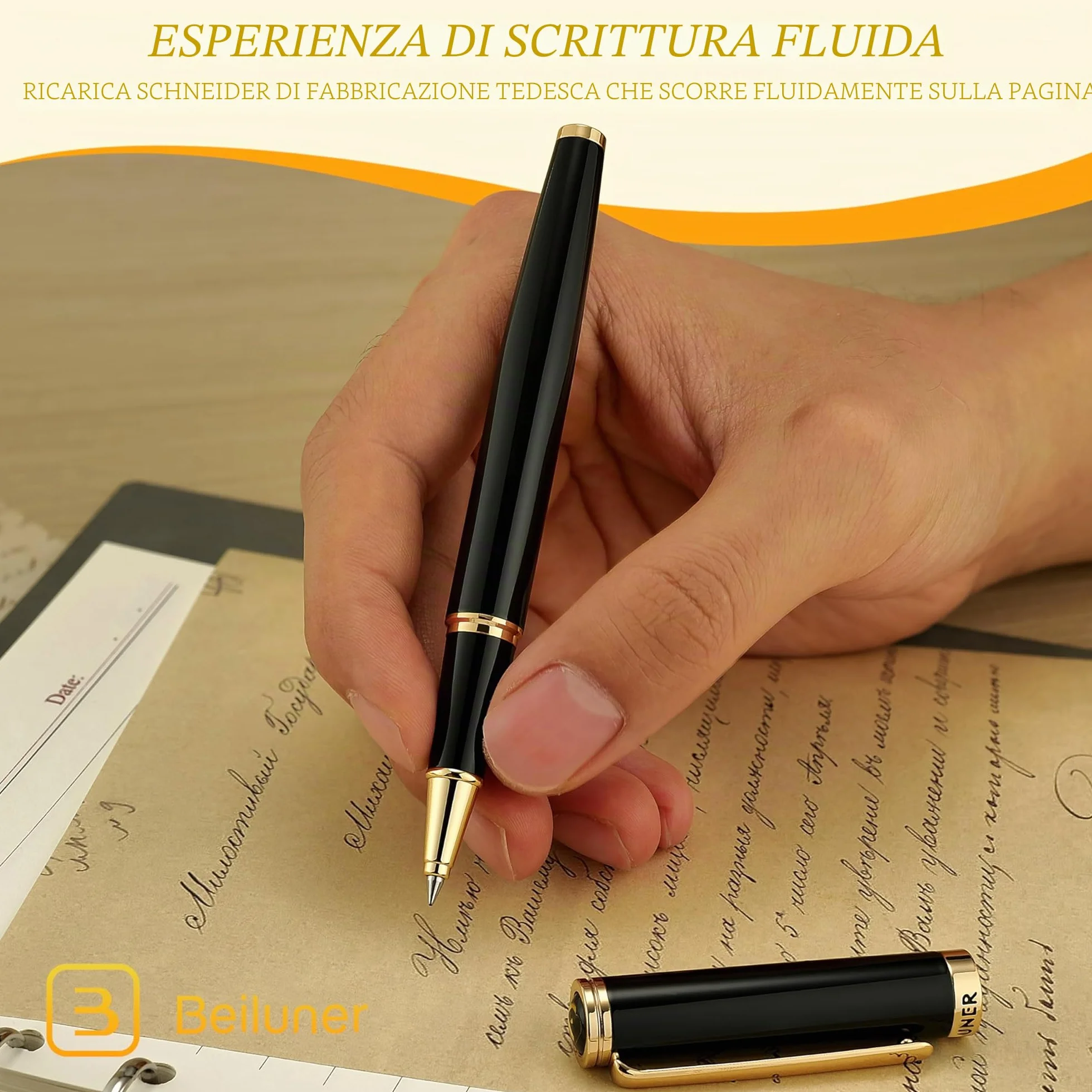 BEILUNER Penna Rollerball di Lusso Finiture Oro 24K, Design Nobili ed Eleganti, Ricambio Schneider, Set Regalo per Uomo e Donna, Professionale, Ufficio Dirigenziale - Nero & Oro