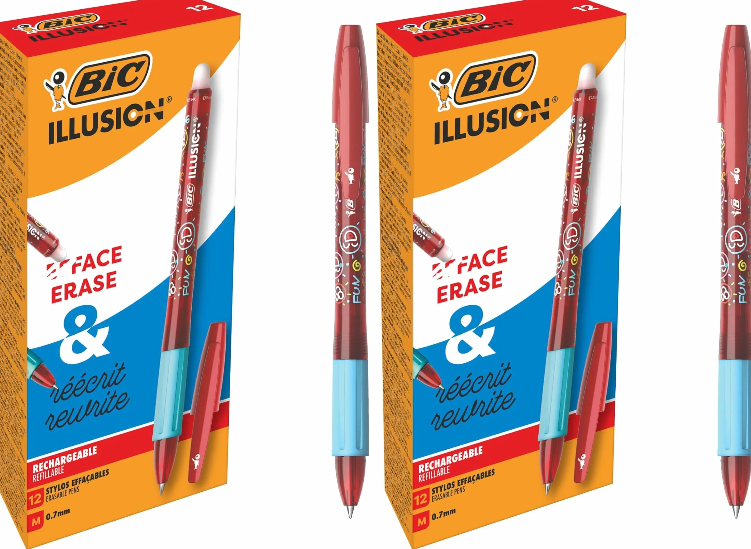 BIC Illusion - Penna a sfera cancellabile e ricaricabile, a punta media, 0,7 mm, colore: rosso, confezione da 24
