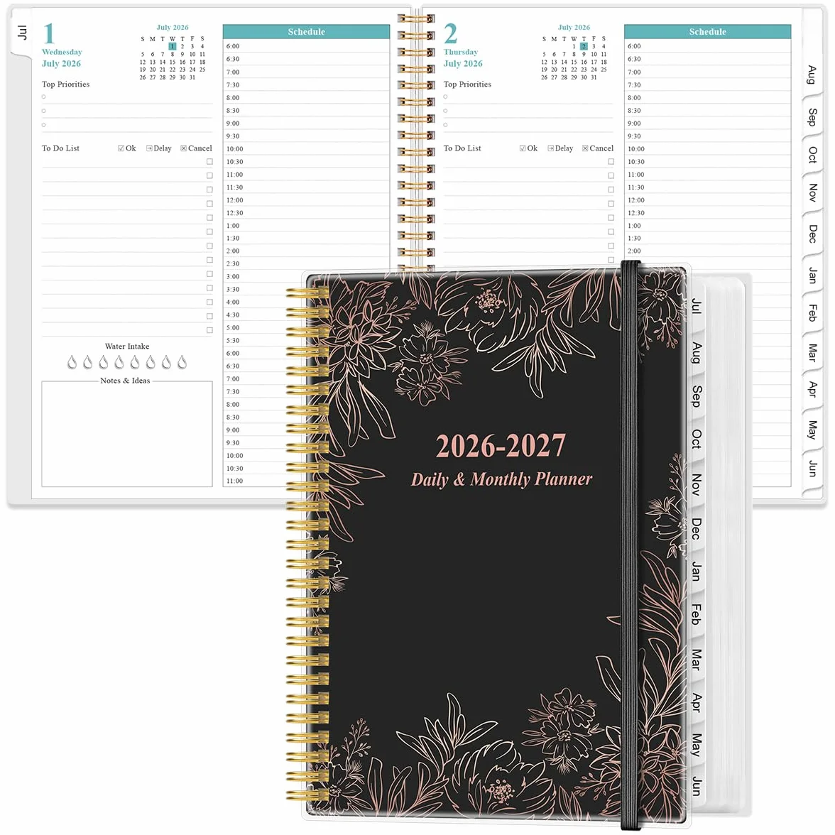 Agenda giornaliera 2026 con pagina intera al giorno - Agenda giornaliera e mensile 2026 da gennaio 2026 a dicembre 2026, planner giornaliero 2026 con 12 mesi di tabelle, 21,6 x 27,9 cm, fiori neri