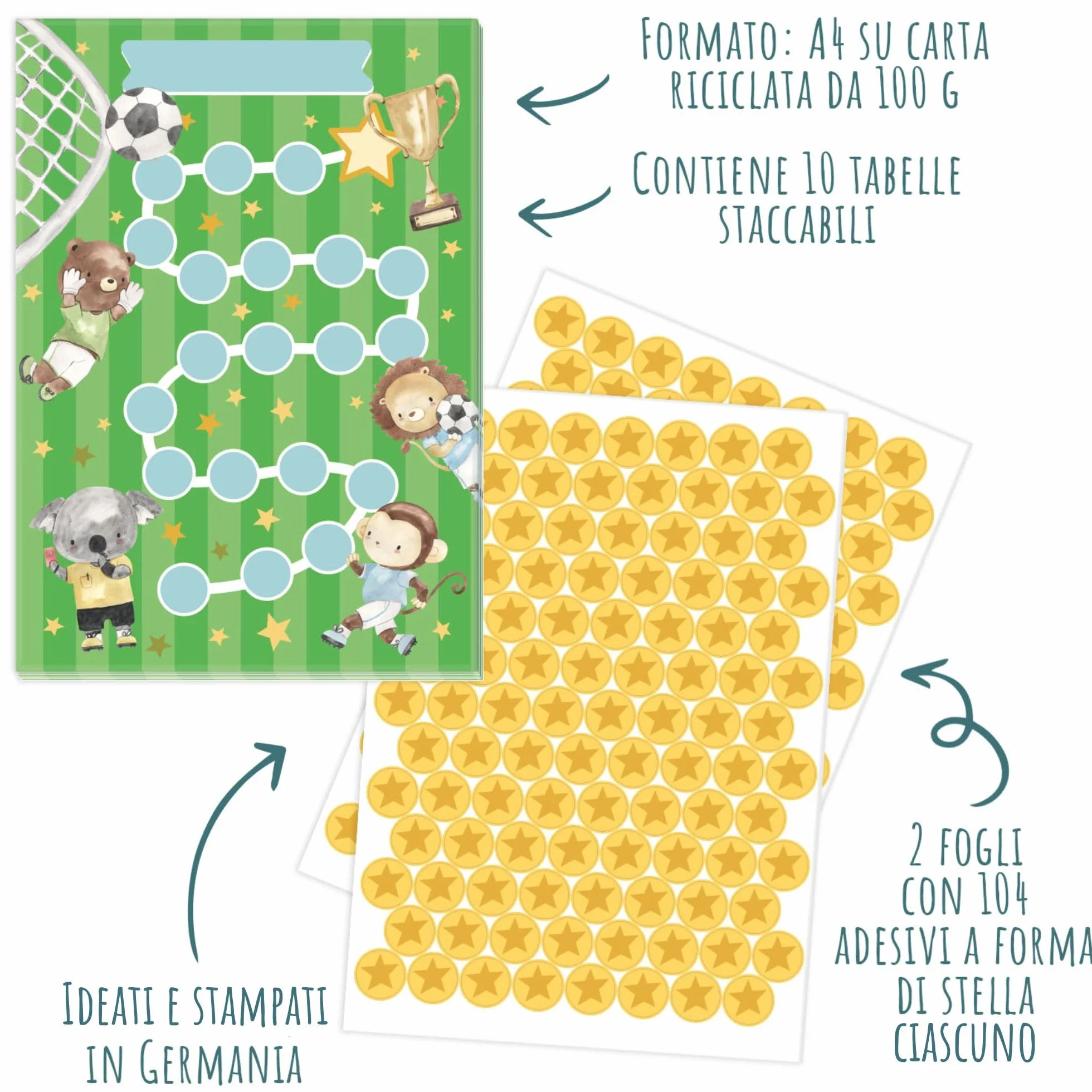 Set di 10 tabelle delle ricompense Calcio con adesivi a forma di stella per bambini