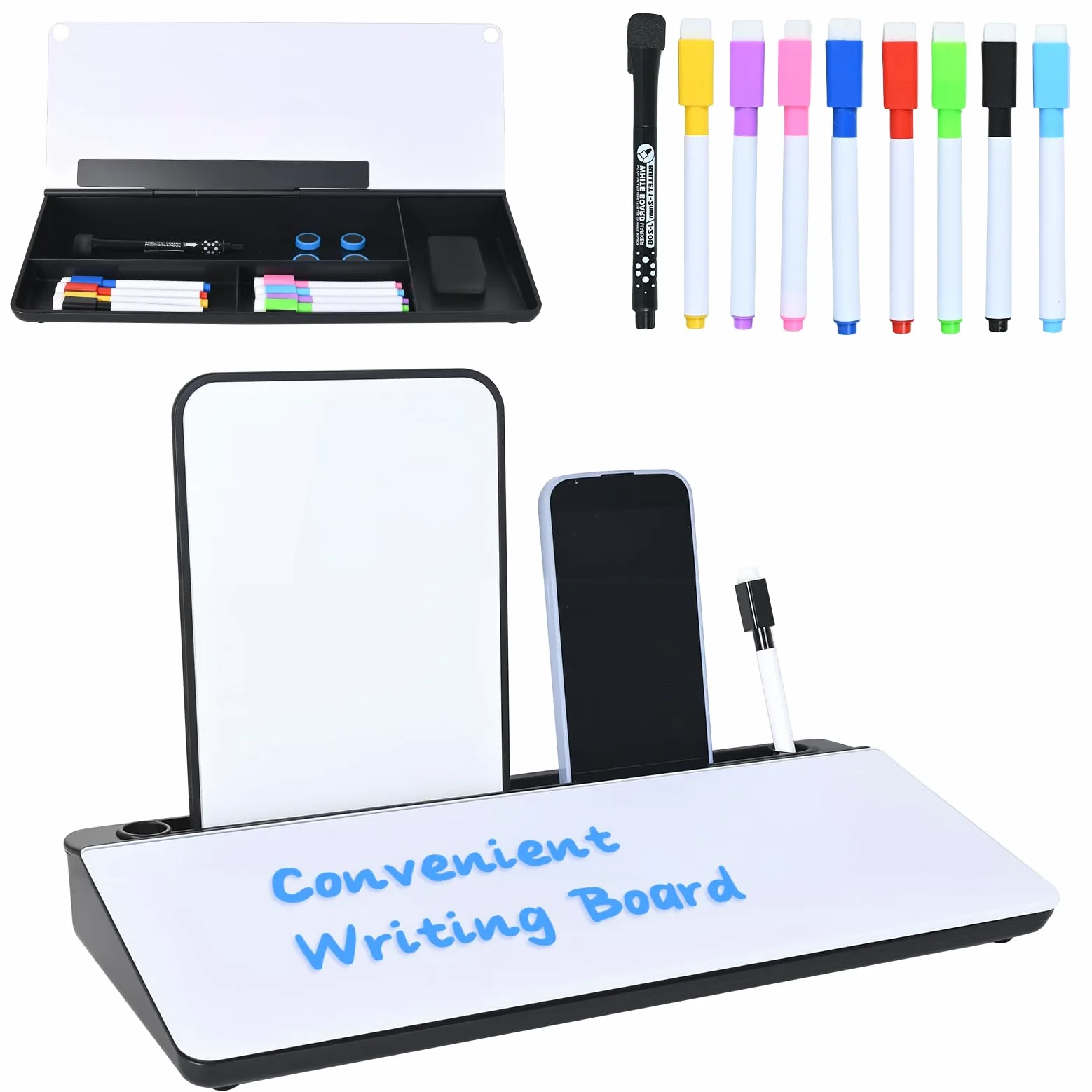 Hivexagon Lavagna bianca da scrivania con 4 scomparti, scomparto per telefono/tablet, lavagna magnetica e accessori