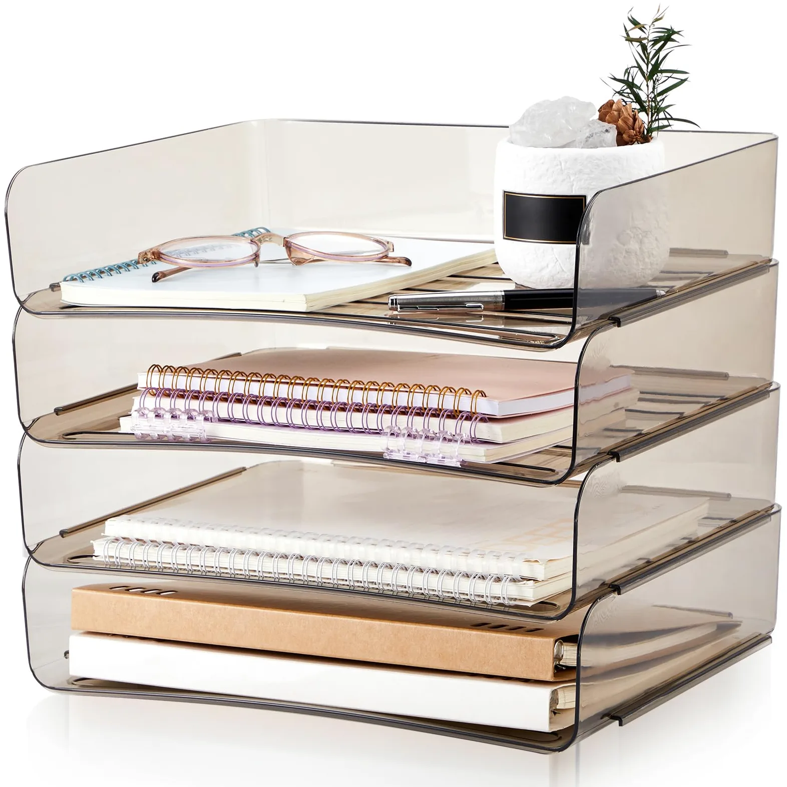 Harloon Vassoio di carta acrilica a 4 ripiani, 33 x 24 x 7 cm, impilabile, organizer per lettere, trasparente, non c'è bisogno di assemblare, vassoio organizer per carta acrilica, per ufficio, spazio