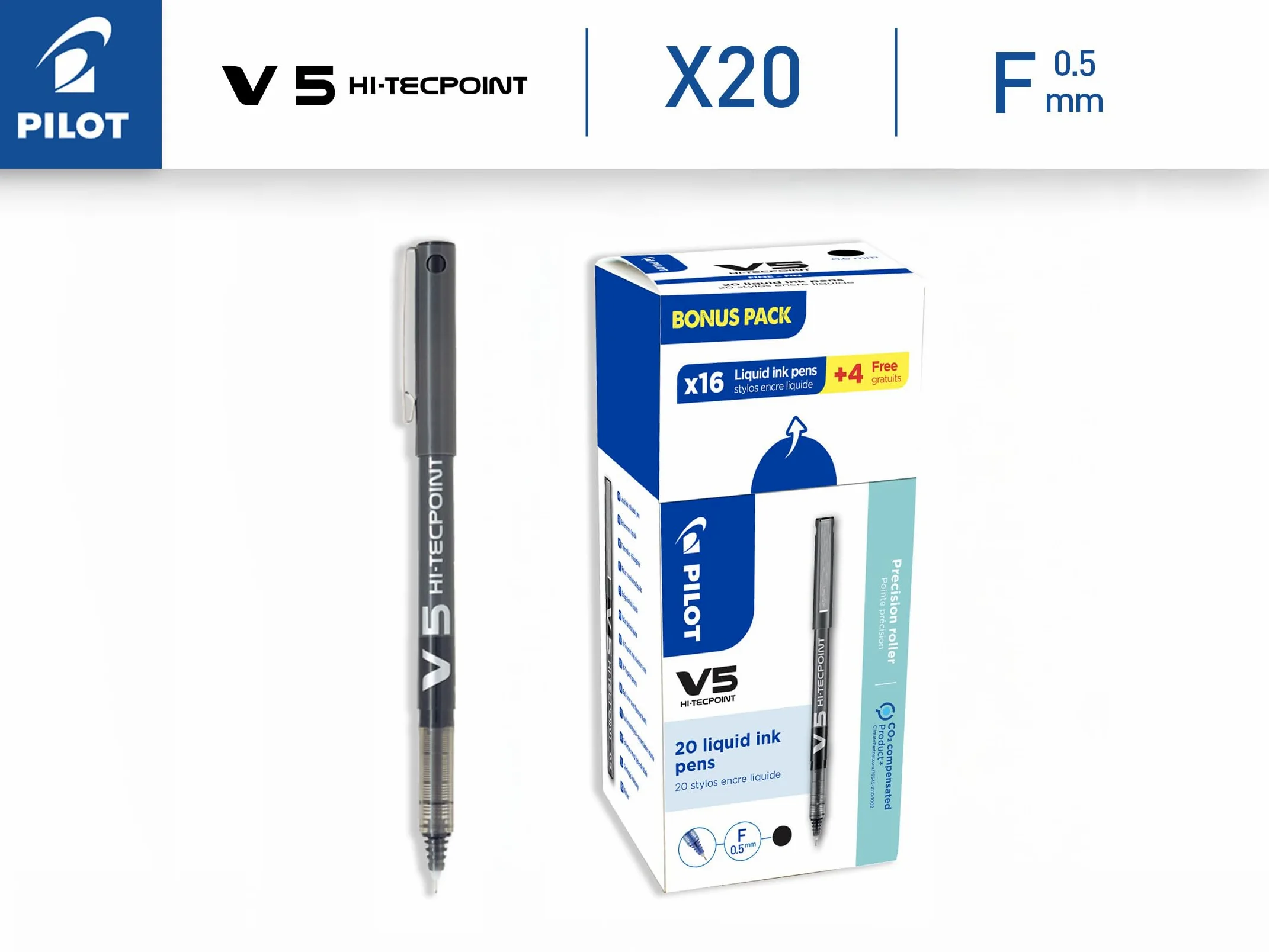 PILOT - Set di 20 V5 - Penne Roller con Inchiostro Liquido - Scrittura Fluida e Precisa - Asciugatura Rapida - Senza Sbavature - Nero - Punta Fine 0,5 mm