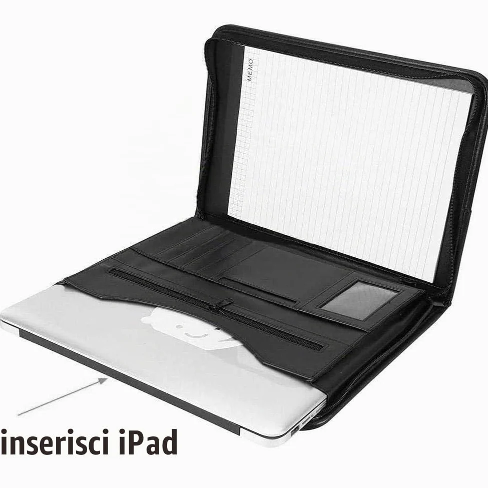 Cartella Portadocumenti A4 Pelle con Cerniera, Cartelle Porta Documenti Organizer Borsa per Conferenza, con fessure e porta biglietti, Nero