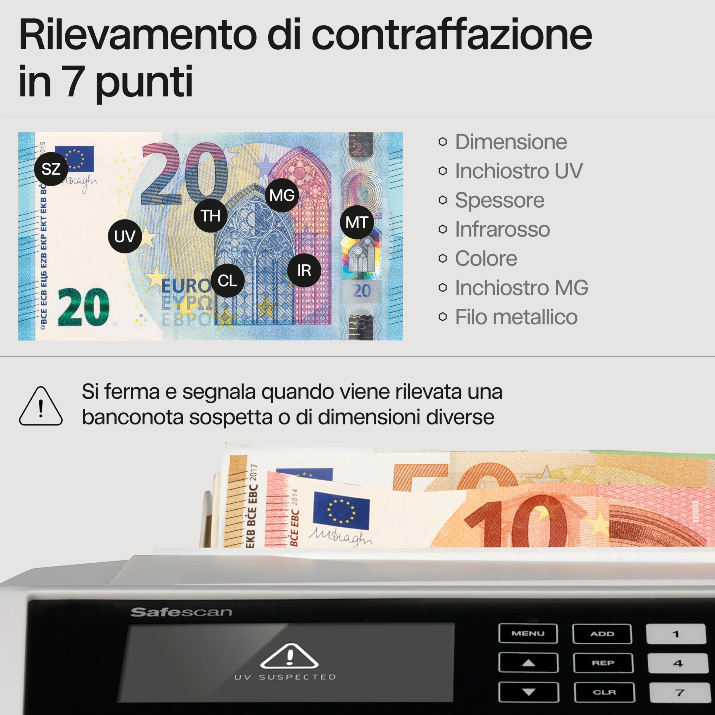 Safescan 2465 S contabanconote che conta banconote miste euro Contabanconote con verifica banconote a 7 punti Contabanconote ordinate per tutte le banconote