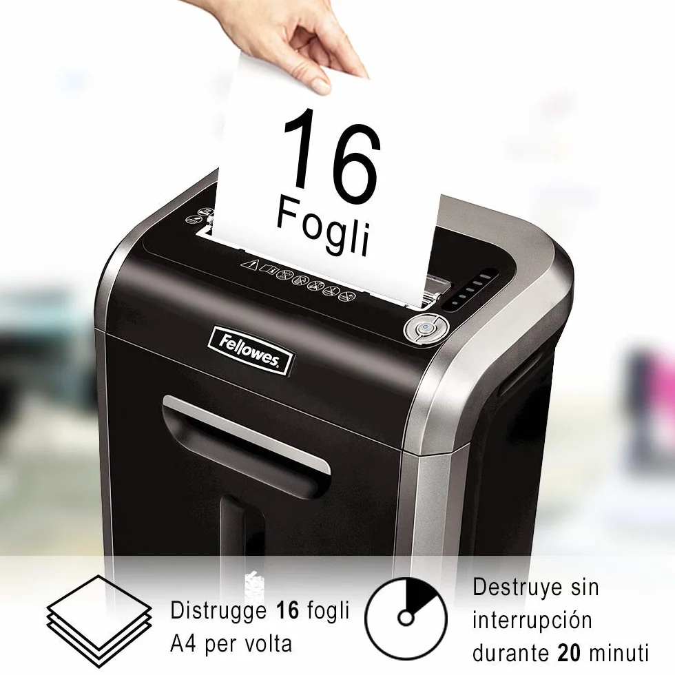 Fellowes distruggi documenti a frammento 79Ci, 16 fogli, per piccolo ufficio, da 1 a 3 utenti, cestino da 23 litri, distruggidocumenti con tecnologia Safesense e anti inceppamento, nero