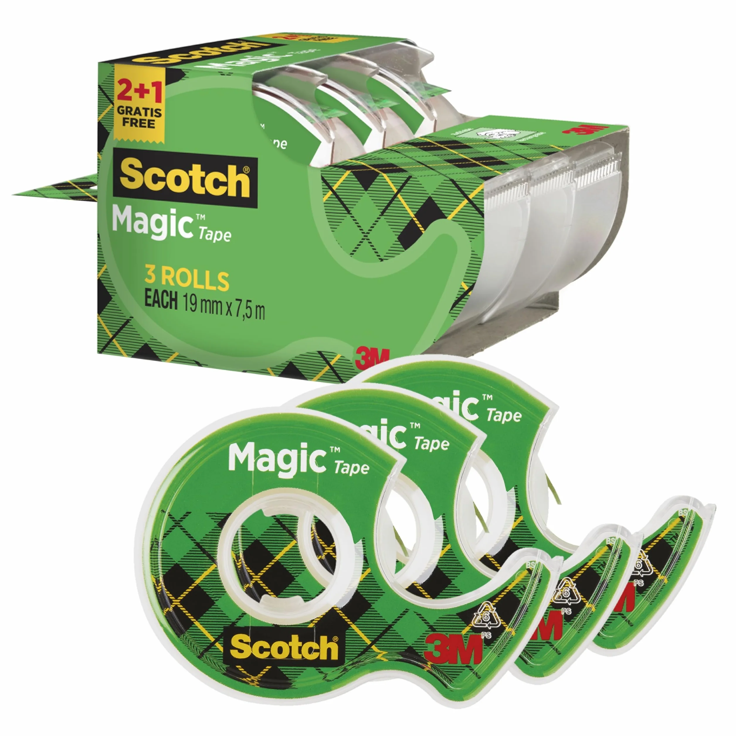 Scotch Nastro Adesivo Magic Trasparente con Dispenser, Confezione da 3 Pezzi, 7,5 mm x 3 mm