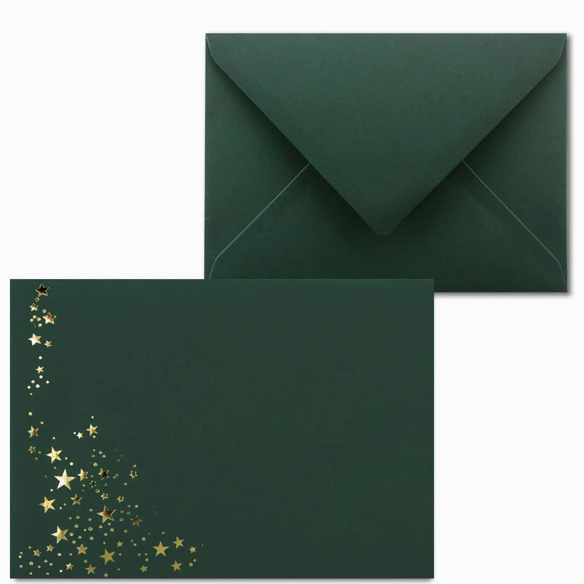 250 buste natalizie – DIN C6 – con pioggia stellata in rilievo oro metallizzato, colore: verde pino (verde) – incollaggio a umido, 120 g/m² – 114 x 162 mm