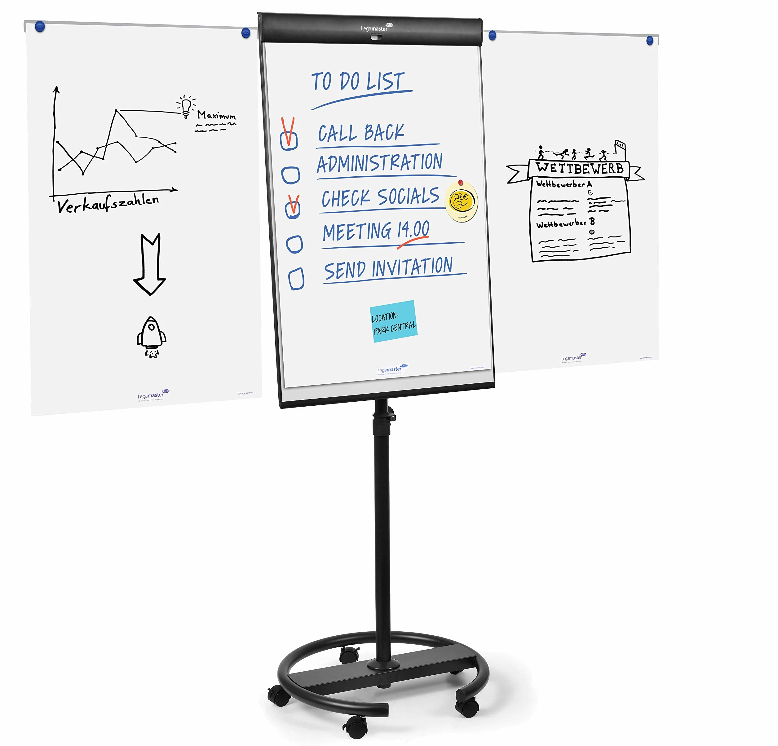 Legamaster Lavagna a fogli mobili triangolari universale – Superficie magnetica e lavabile a secco (68 x 105 cm) – Base rotonda – Nero – ideale per riunioni e brainstorming